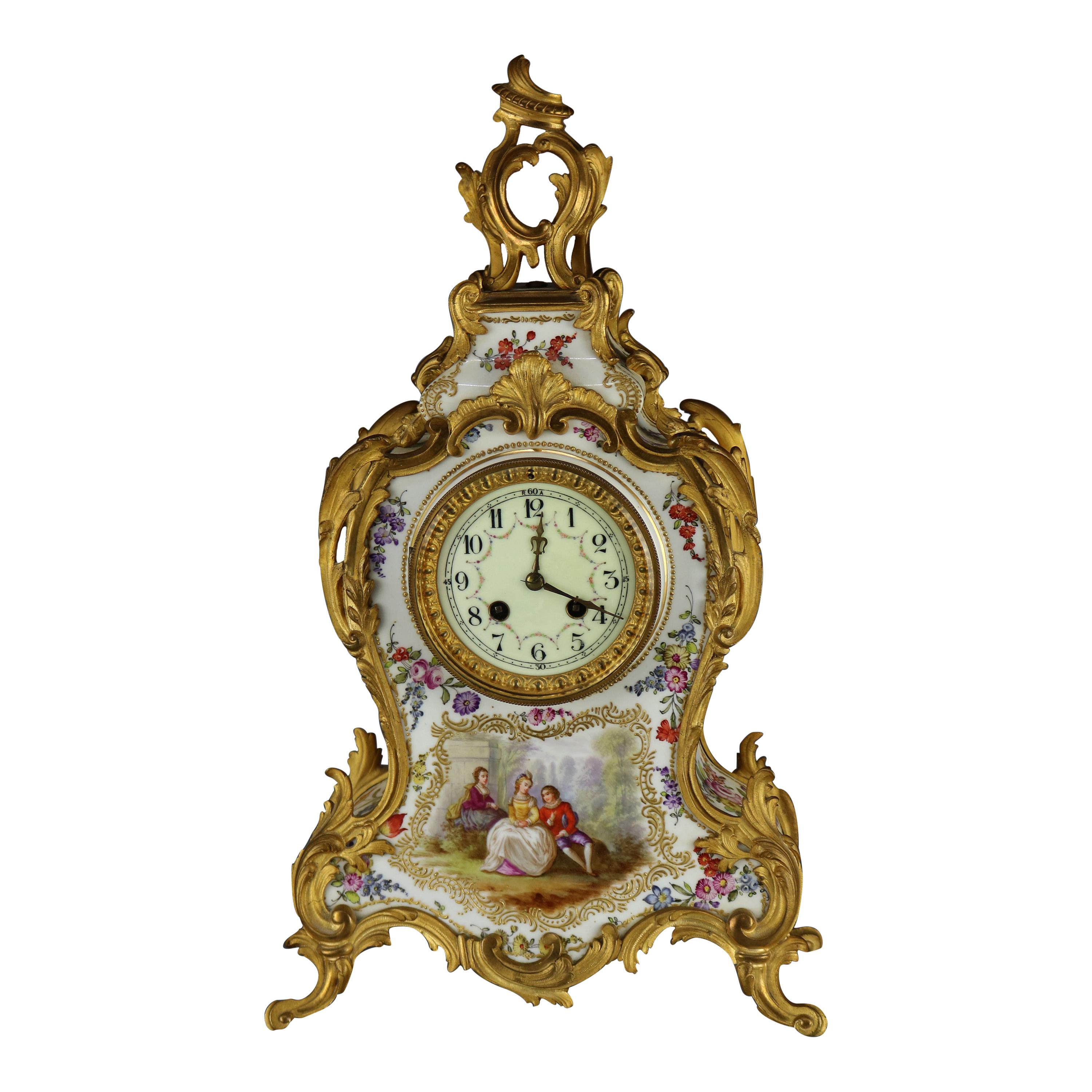 Antique Large French Louis XIV Porcelain & Dore Bronze Clock, circa 1890