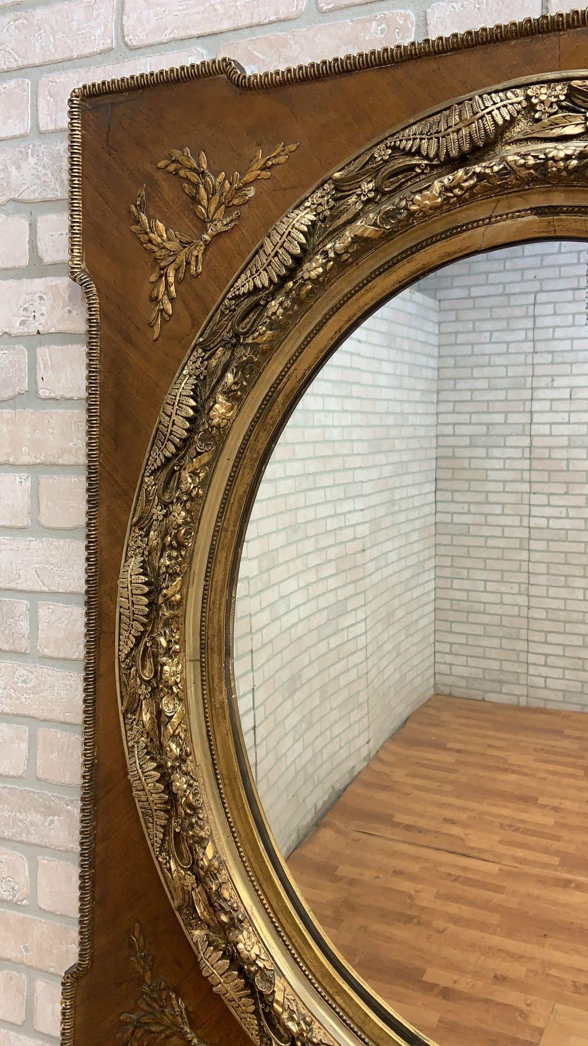 19th Century Antique Large French Napoleon III Caved Gold Gilded Wood Medallion Wall Mirror For Sale