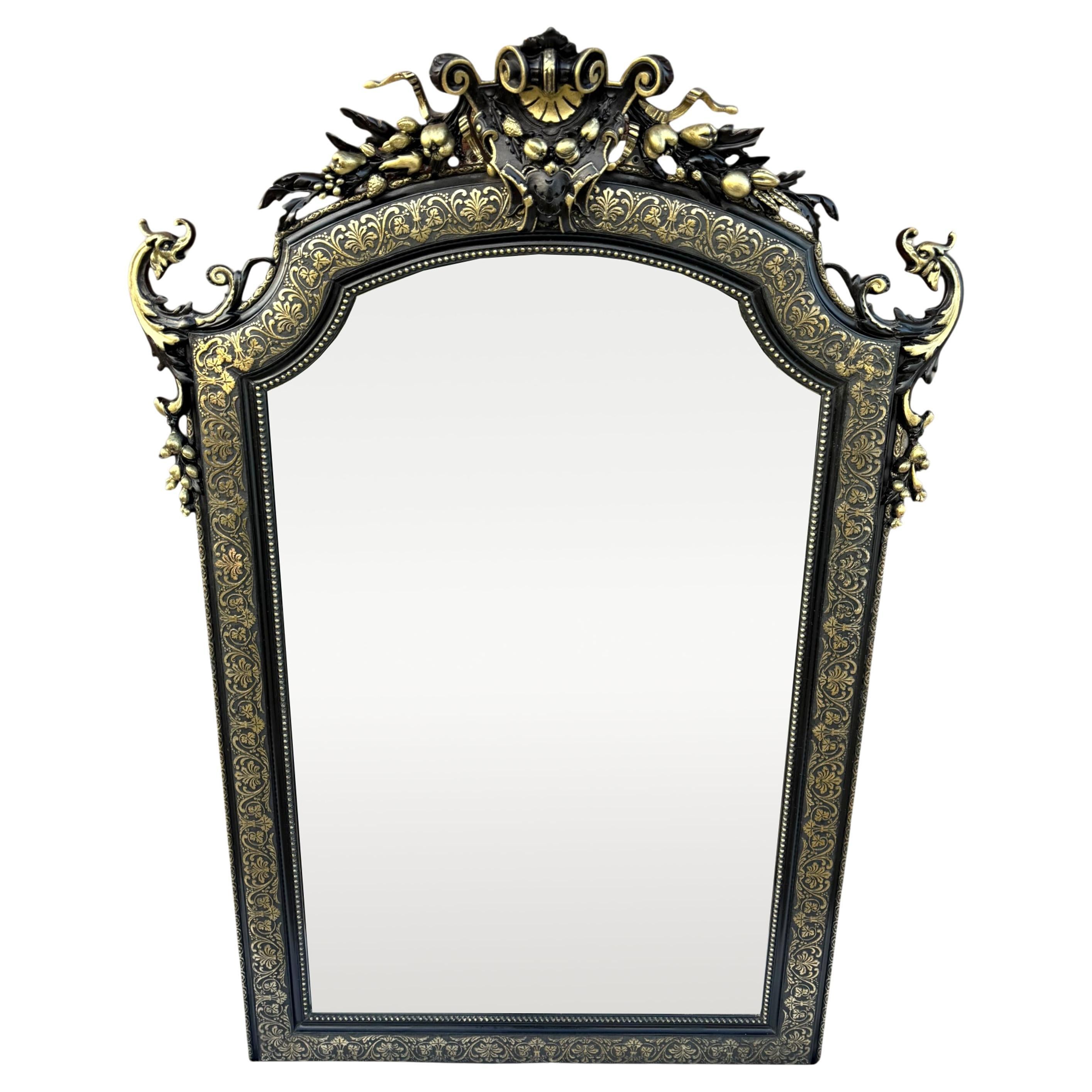 Antique Large French Napoleon III Ebonised & Gilt Carved Overmantle Wall Mirror