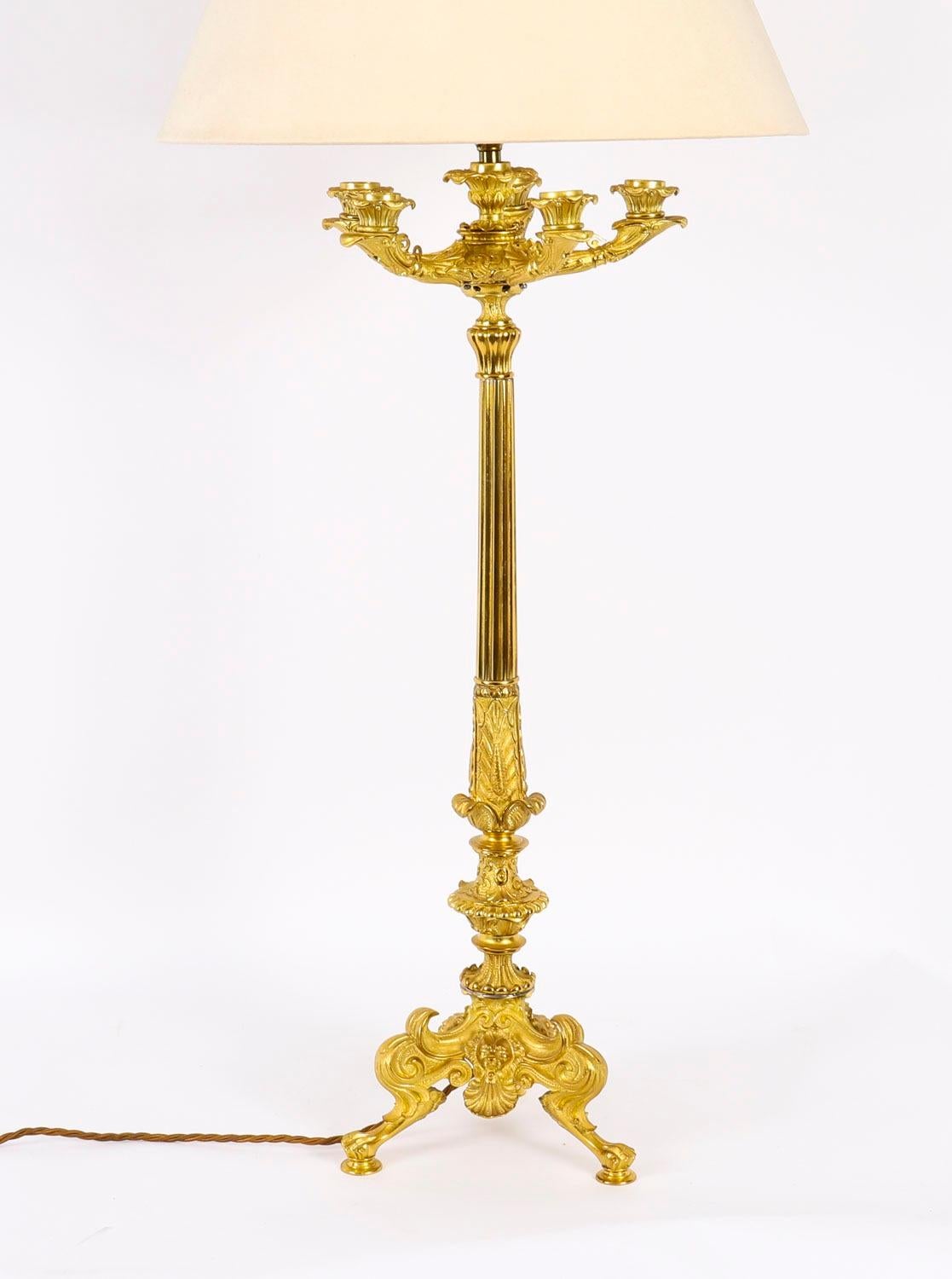 This is a antique monumental finely cast antique French ormolu lamp now converted to electricity, circa 1880 in date.

The triform base candelabra lamp has a trifrom paw foot baseswith lion masks and shell plinths, supporting a finely cast reeded