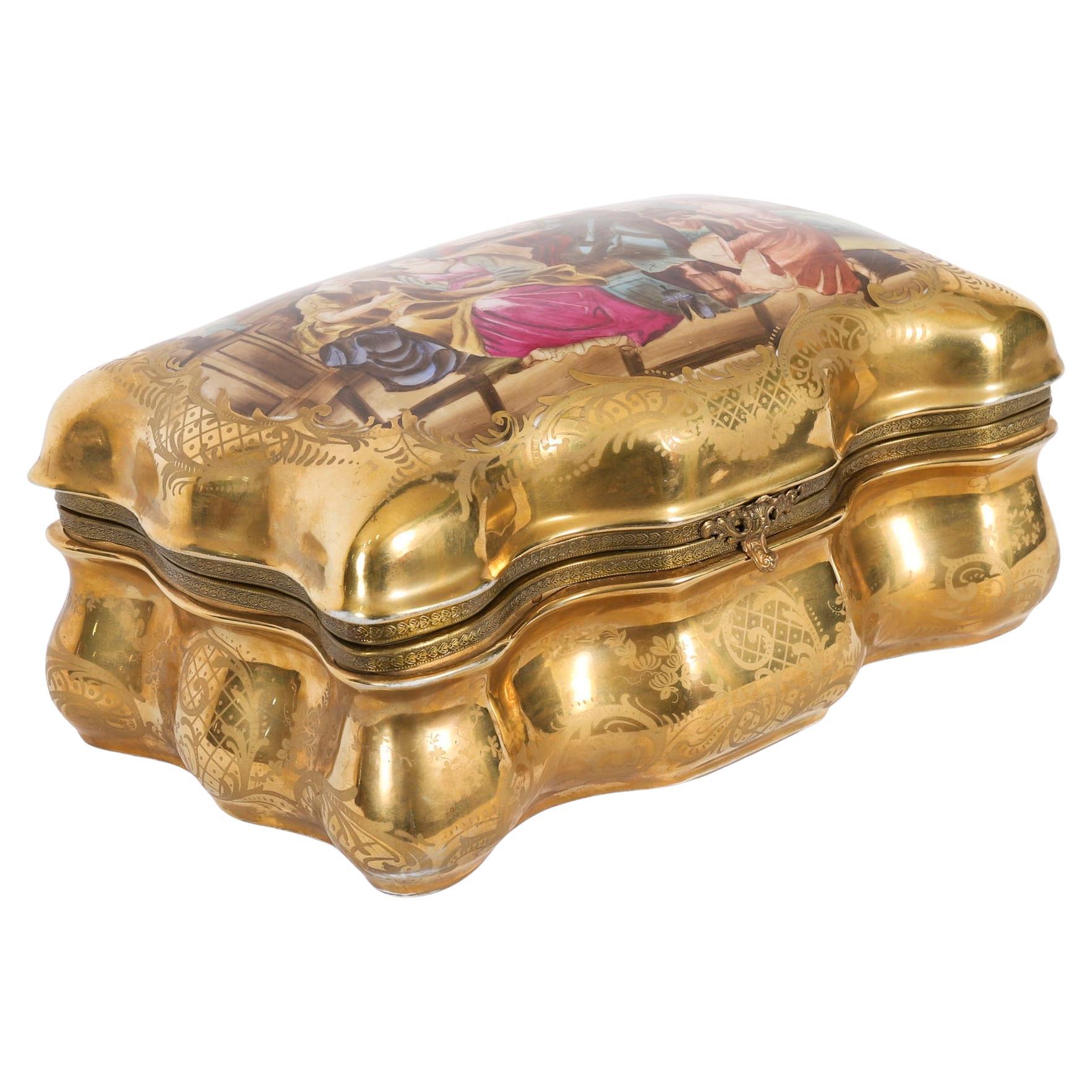 Antique Large French Sevres Golden Porcelain Casket 19th Century