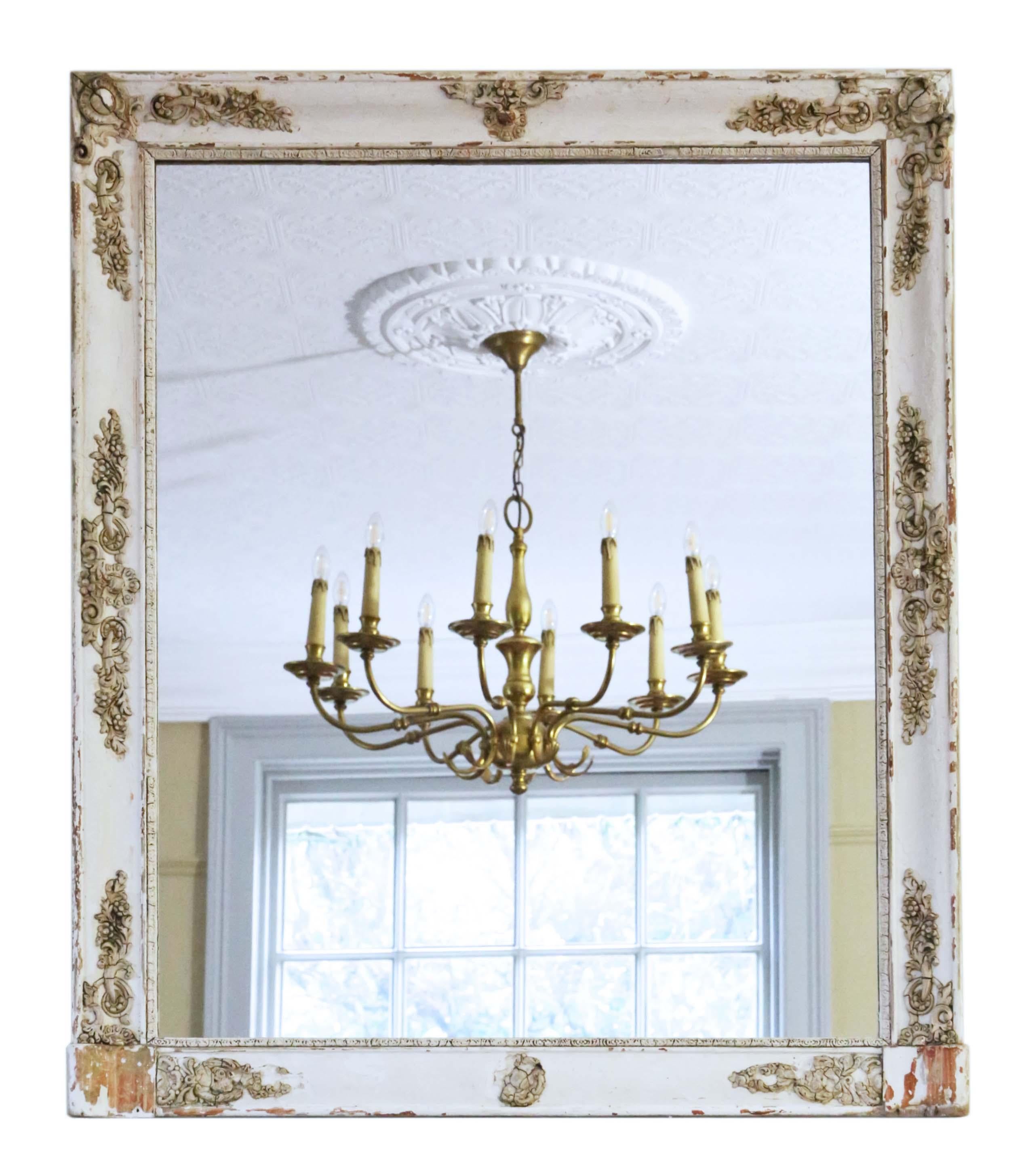 Antique large quality French white/cream overmantle or wall mirror 19th century. Lovely charm and elegance. The mirror has a paneled back, with an aged and distressed finish, minor losses and touching up here and there.

A great find, that would