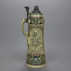 Antique Large German Figural Stoneware Beer Stein, Scenic in Relief, c1900