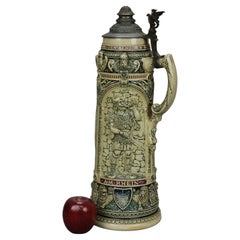 Antique Large German Figural Stoneware Beer Stein, Scenic in Relief, c1900