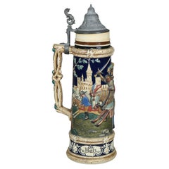 Antiker großer deutscher Hopfen-Steinzeug-Bierstein, szenisches Relief, um 1900