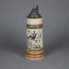 Antique Large German Stoneware Beer Stein, Bicycle Scene, c1900