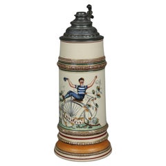 Antiker großer deutscher Steingut-Bierstein, Fahrradszene, um 1900