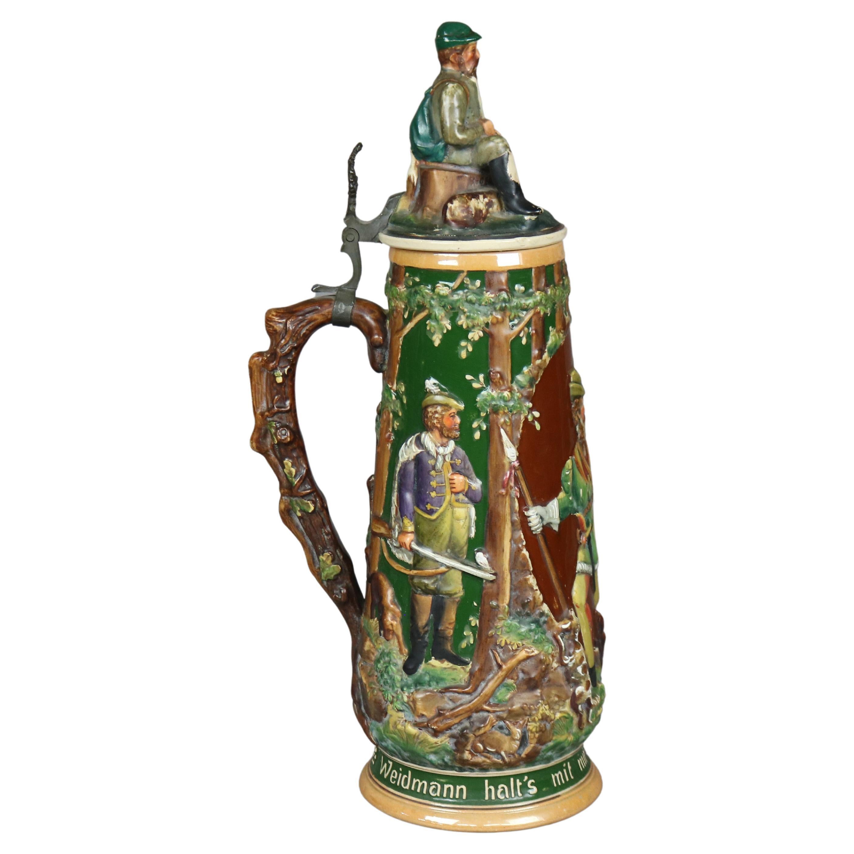Antique Large German Figural Stoneware Beer Stein, Scenic in Relief