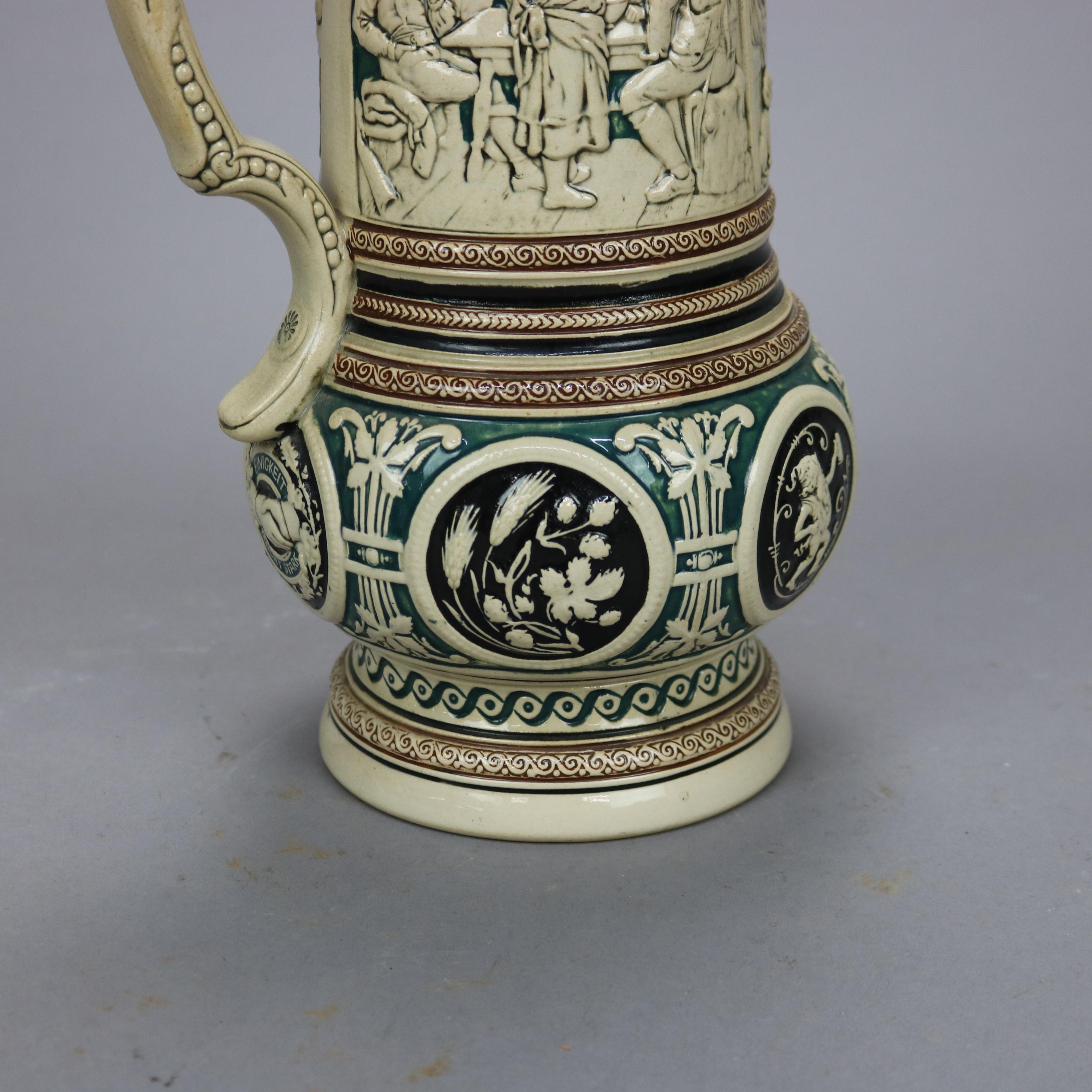 Antique Large German Stoneware Beer Stein, Genre Scene in Relief, c1900 2