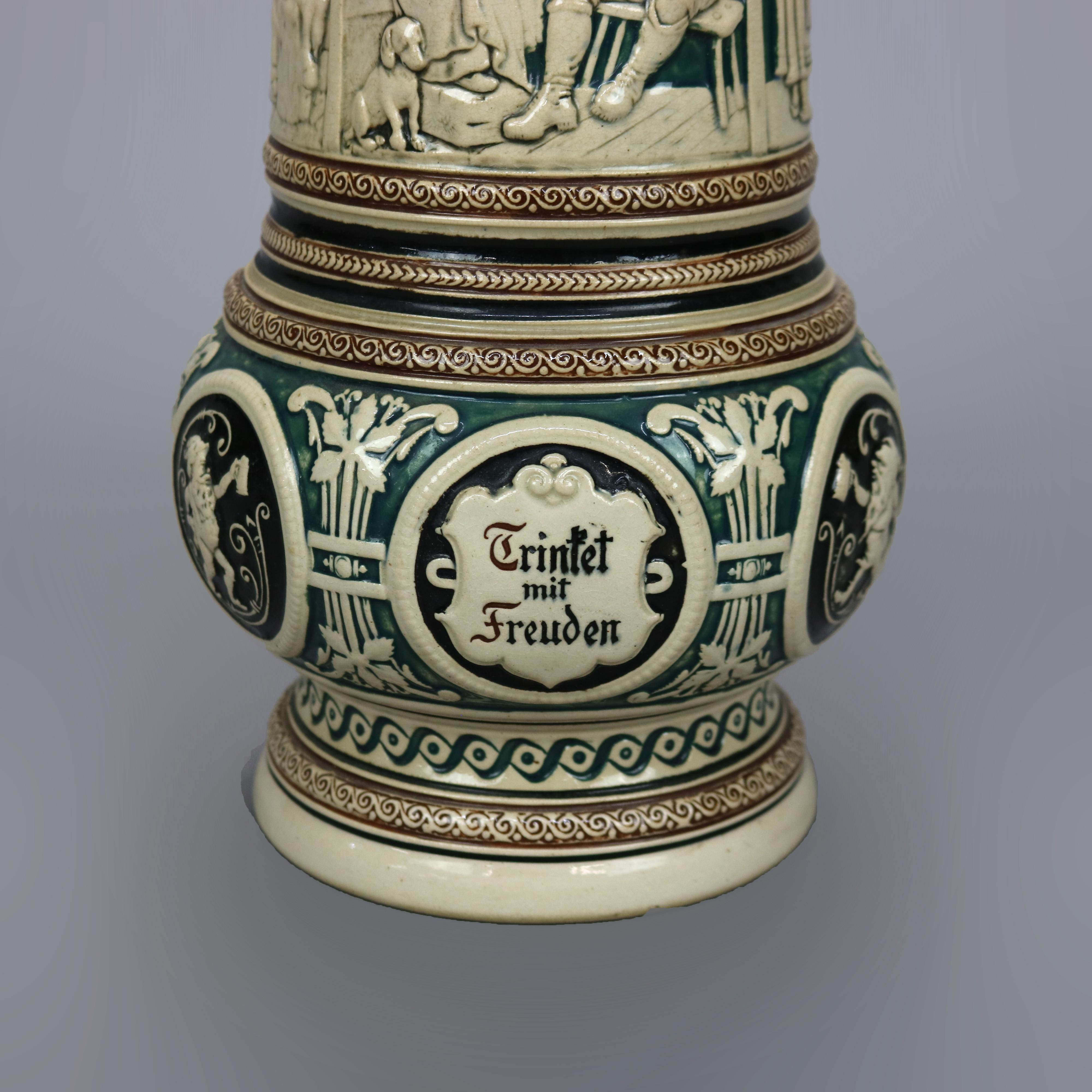 Antique Large German Stoneware Beer Stein, Genre Scene in Relief, c1900 3
