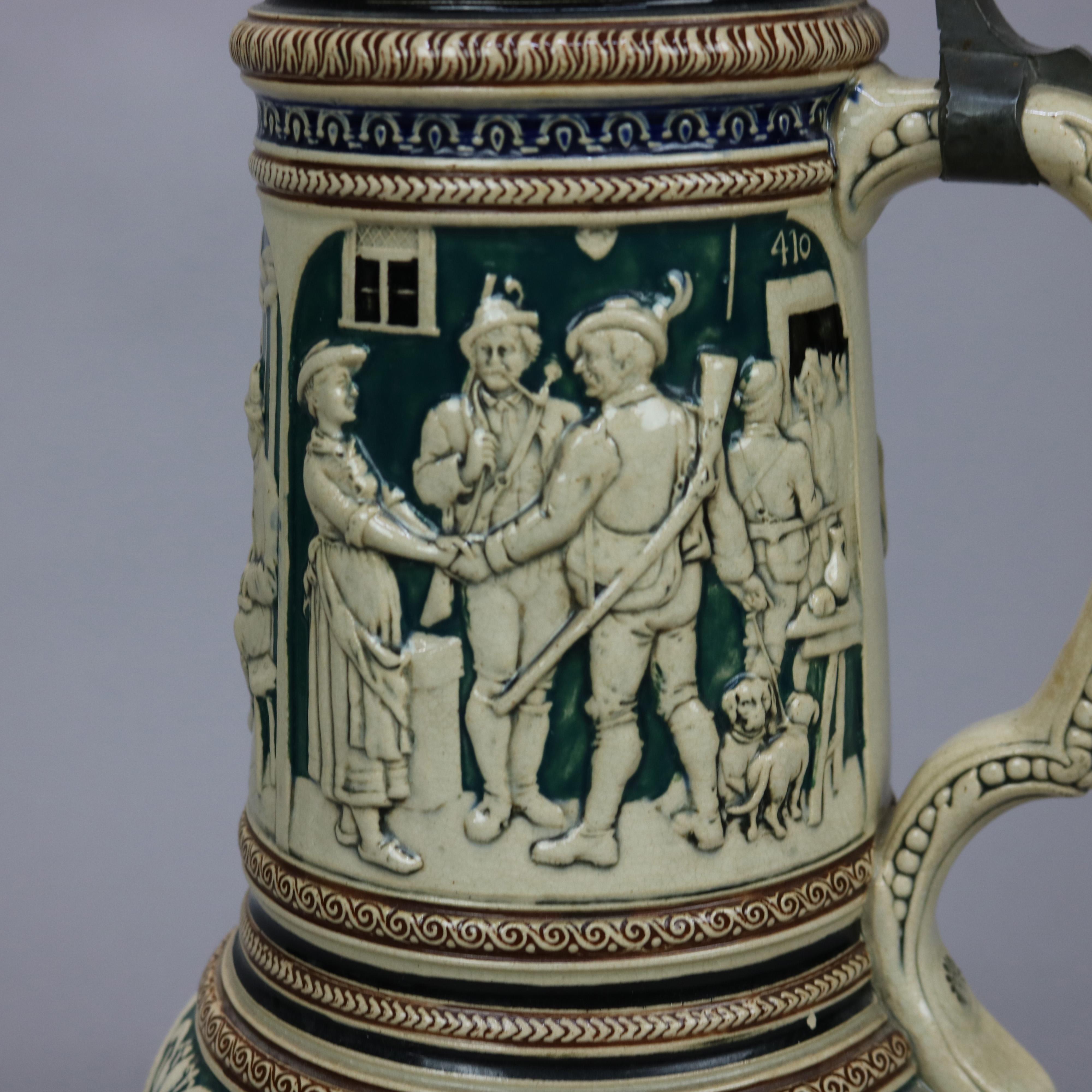 Pottery Antique Large German Stoneware Beer Stein, Genre Scene in Relief, c1900