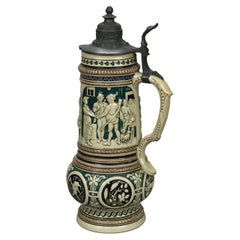 Antique Large German Stoneware Beer Stein, Genre Scene in Relief, c1900