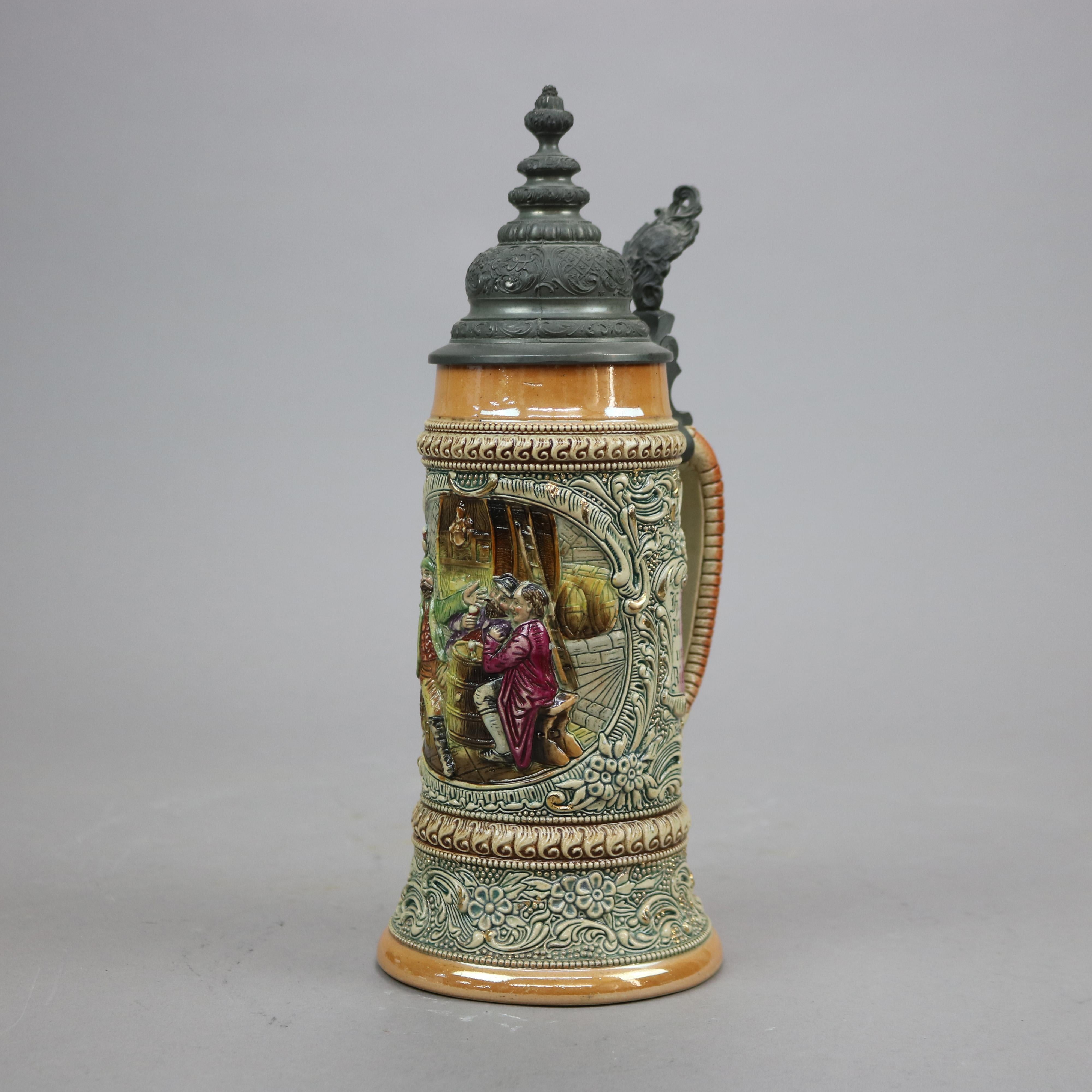 Carved Antique Large German Stoneware Beer Stein, Genre Tavern Scene in Relief, c1900 For Sale
