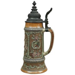 Antique Large German Stoneware Beer Stein, Portrait Figures in Relief, c1900