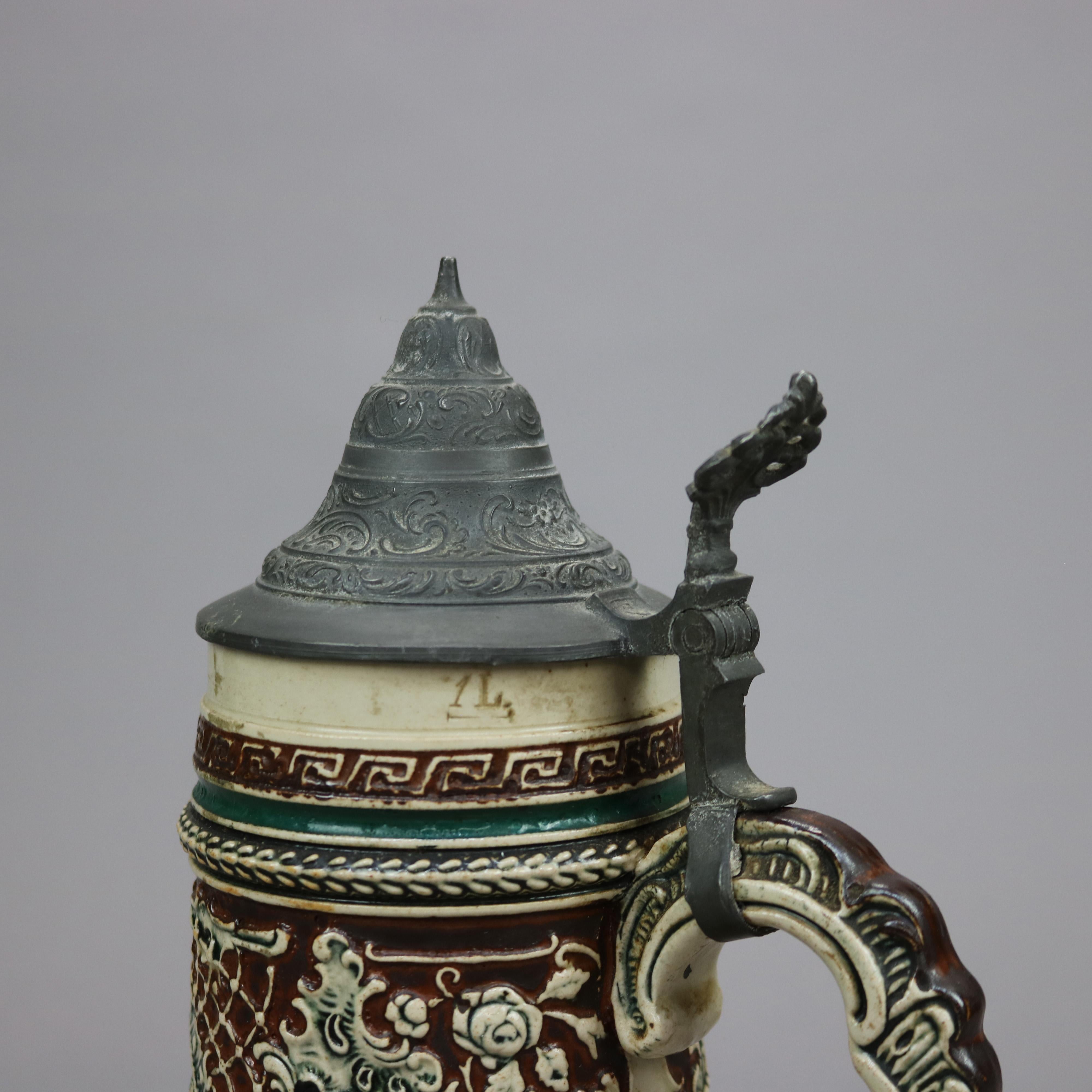 Carved Antique Large German Stoneware Beer Stein, Scenic with Figures in Relief, c1900 For Sale