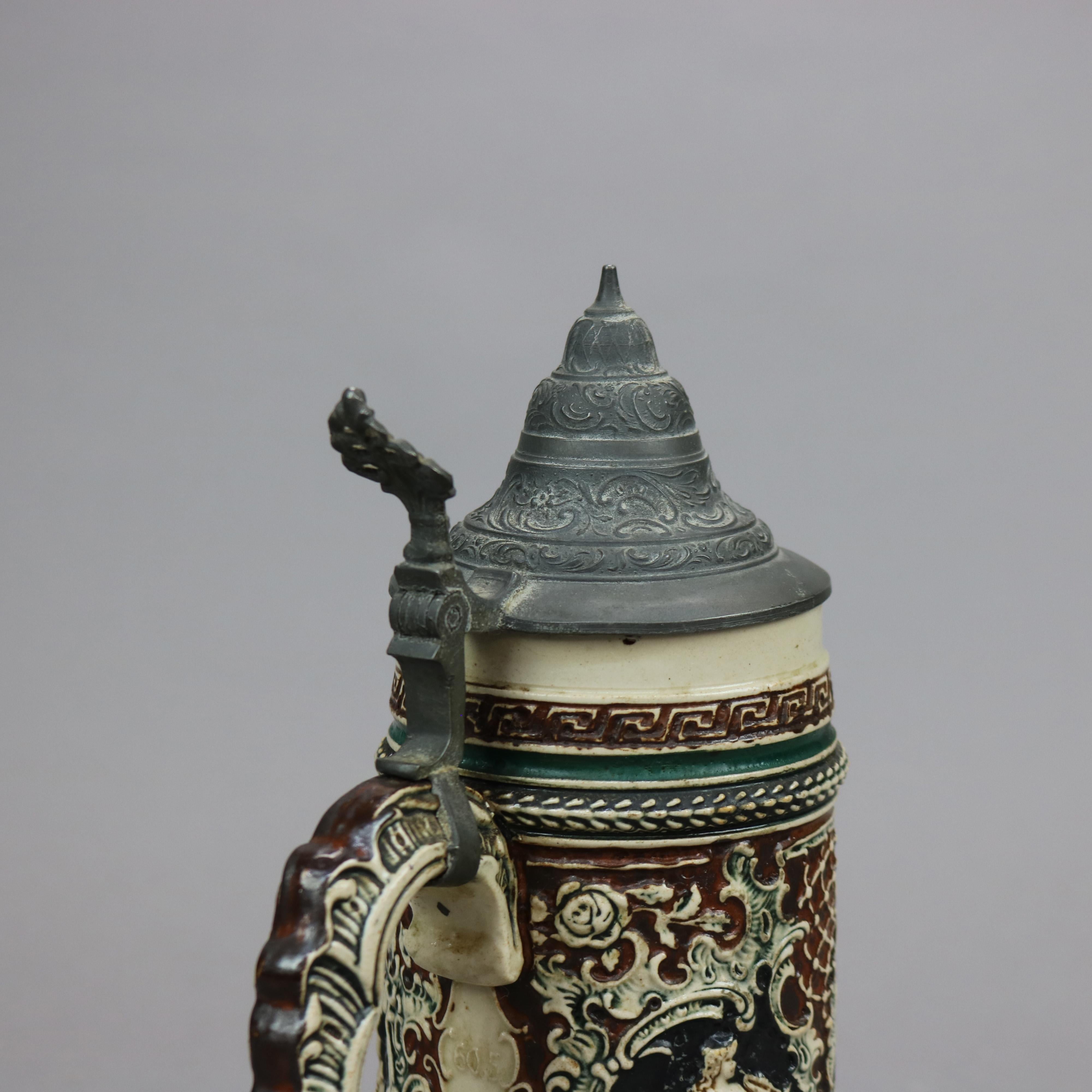 Carved Antique Large German Stoneware Beer Stein, Scenic with Figures in Relief, c1900 For Sale