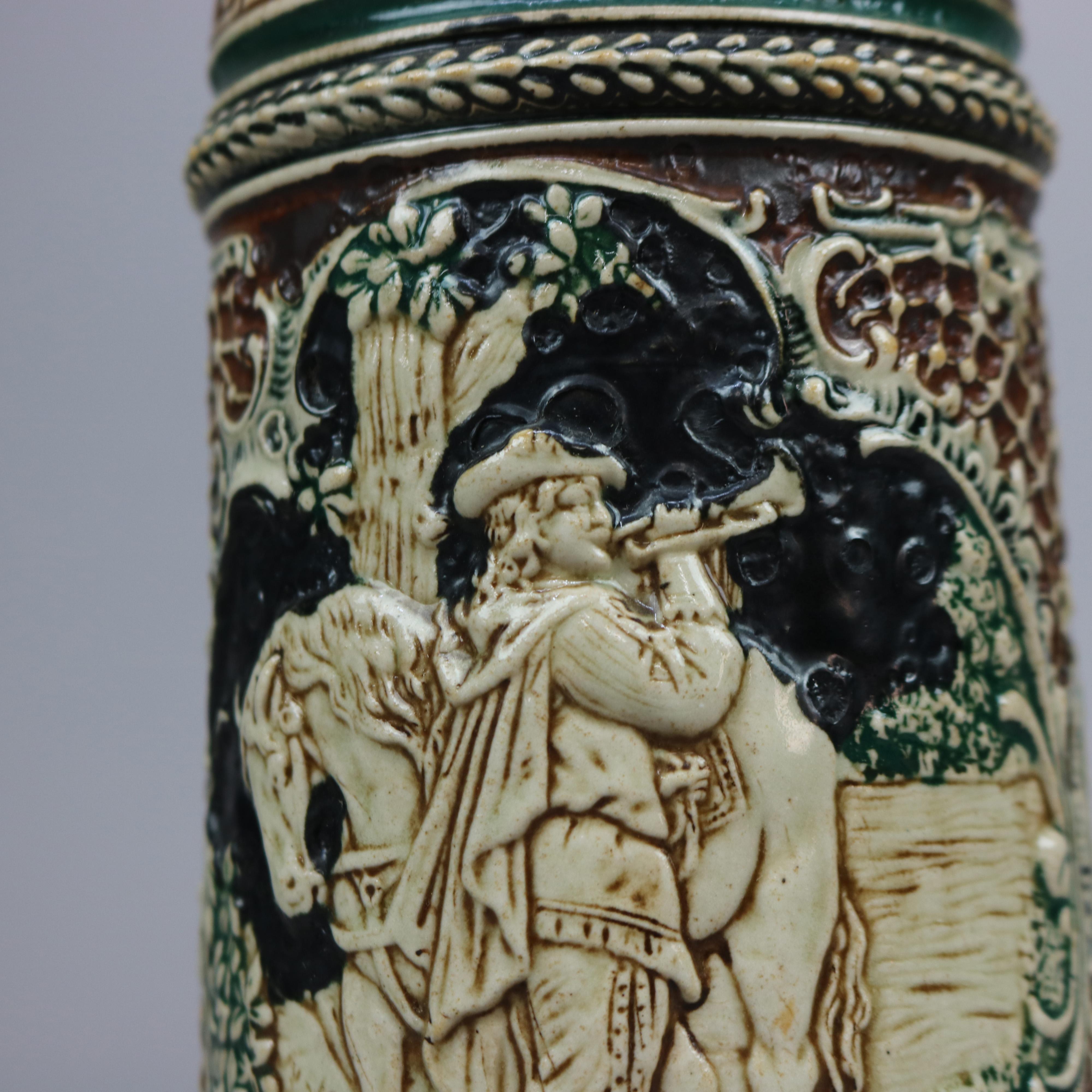 Antique Large German Stoneware Beer Stein, Scenic with Figures in Relief, c1900 In Good Condition For Sale In Big Flats, NY