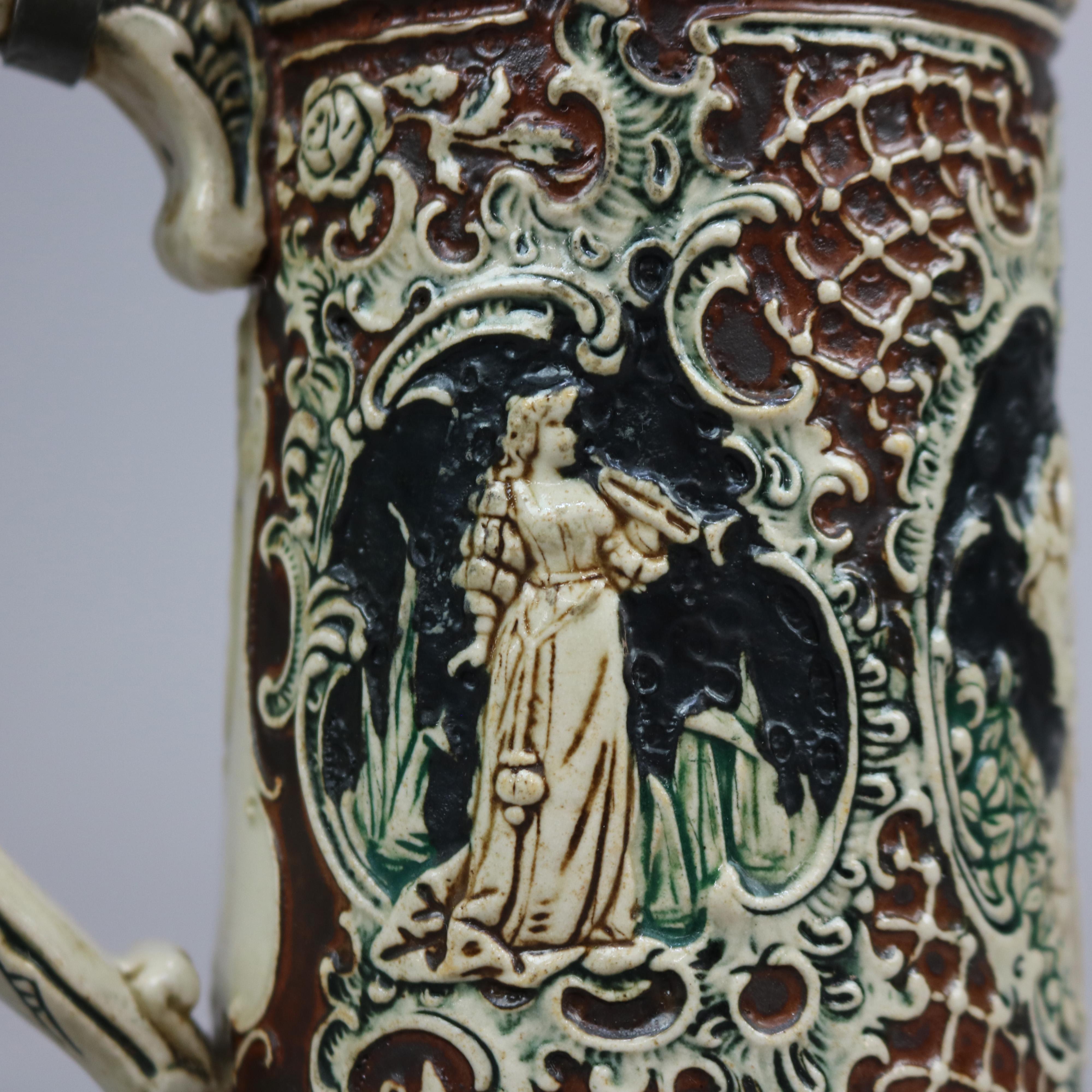 Pottery Antique Large German Stoneware Beer Stein, Scenic with Figures in Relief, c1900 For Sale