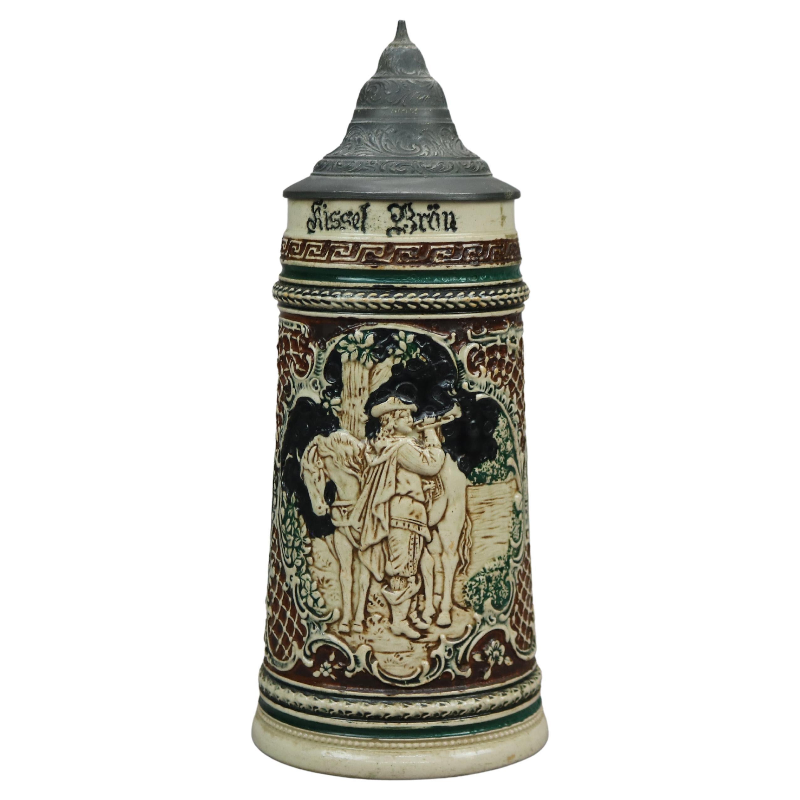 Antique Large German Stoneware Beer Stein, Scenic with Figures in Relief, c1900
