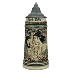 Antique Large German Stoneware Beer Stein, Scenic with Figures in Relief, c1900