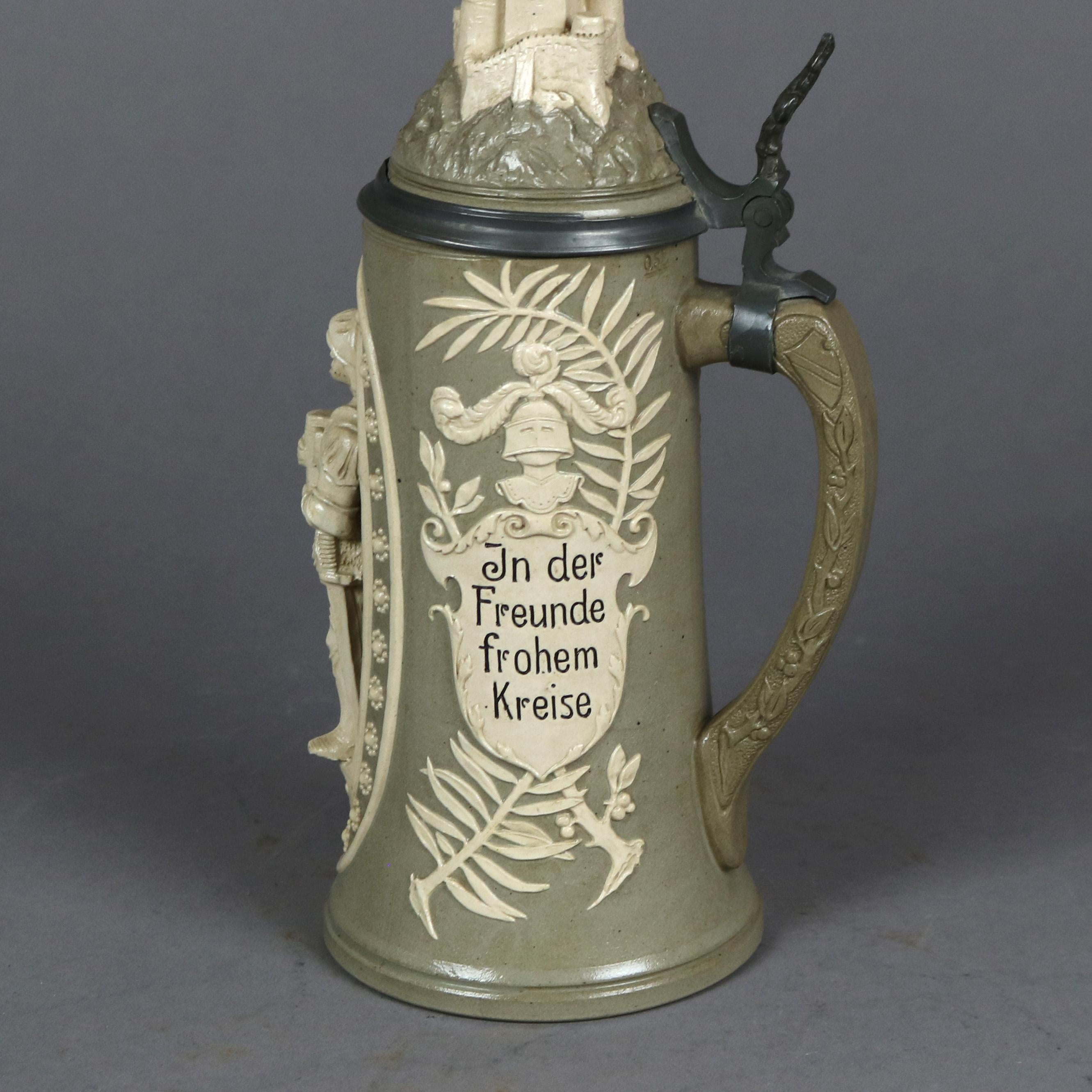 Carved Antique Large German Stoneware Stein, Castle & Knight Figure in Relief, c1900