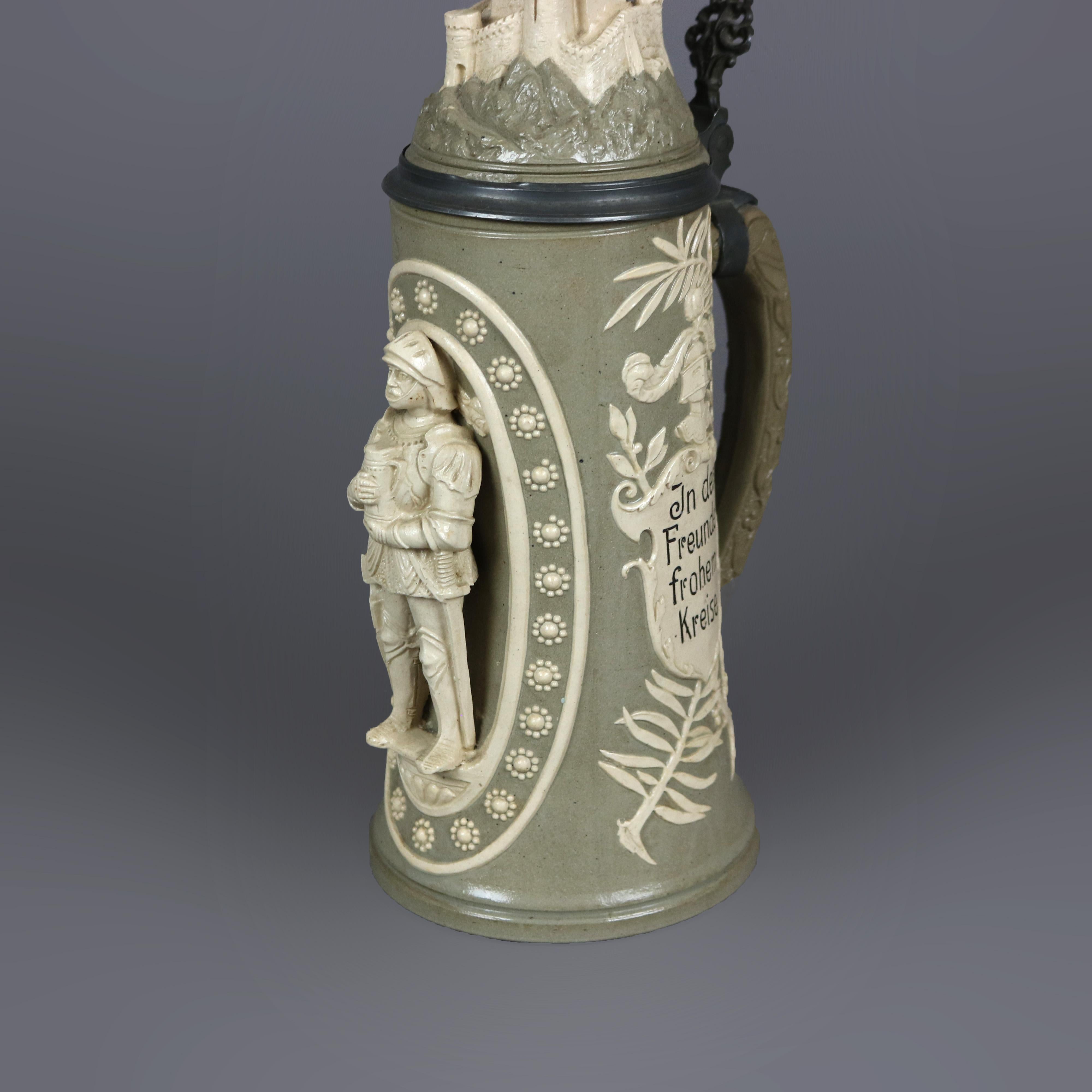 Antique Large German Stoneware Stein, Castle & Knight Figure in Relief, c1900 In Good Condition In Big Flats, NY