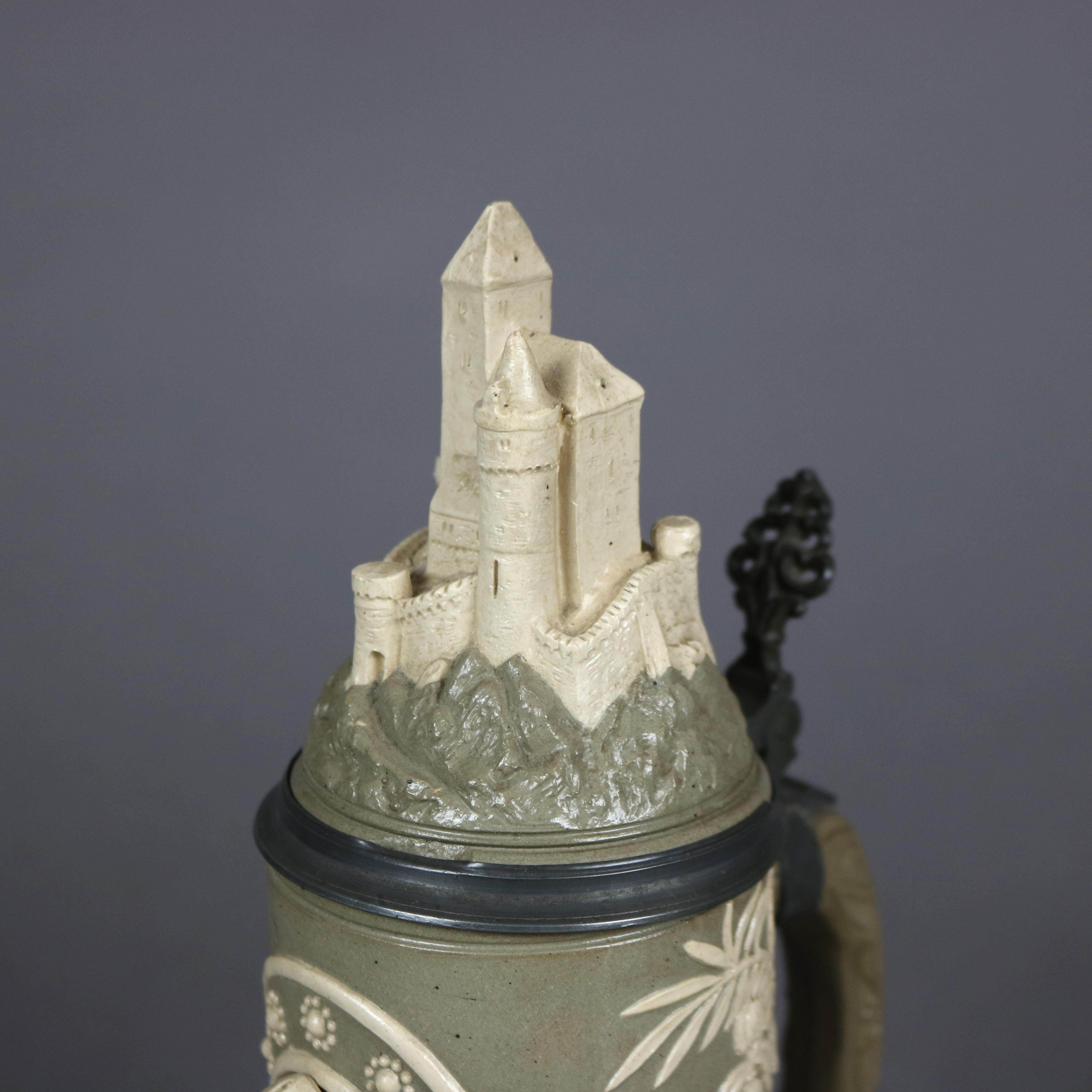 Pottery Antique Large German Stoneware Stein, Castle & Knight Figure in Relief, c1900