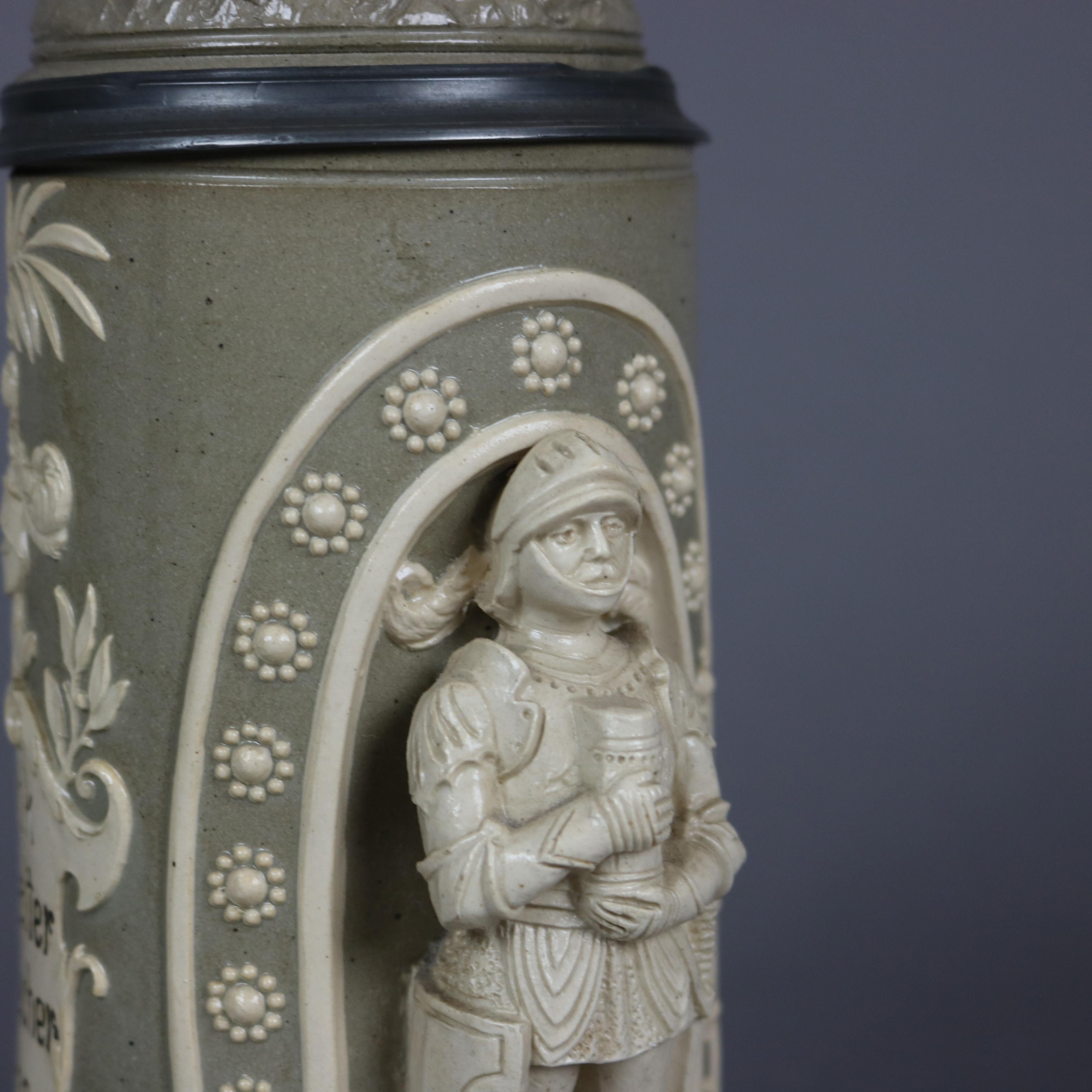 Antique Large German Stoneware Stein, Castle & Knight Figure in Relief, c1900 2