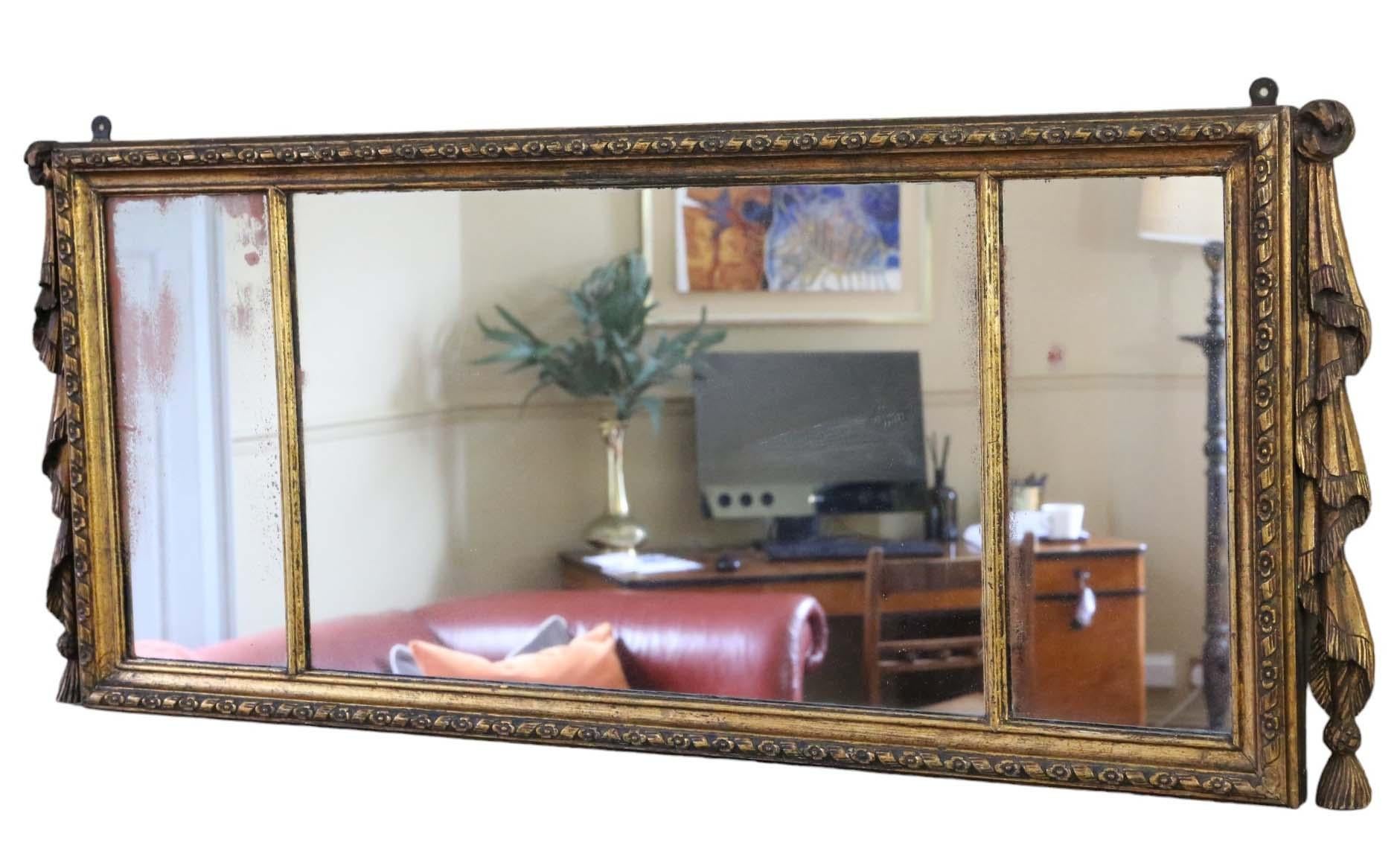 Glass Antique large gilt 19th Century overmantle wall mirror fine quality For Sale