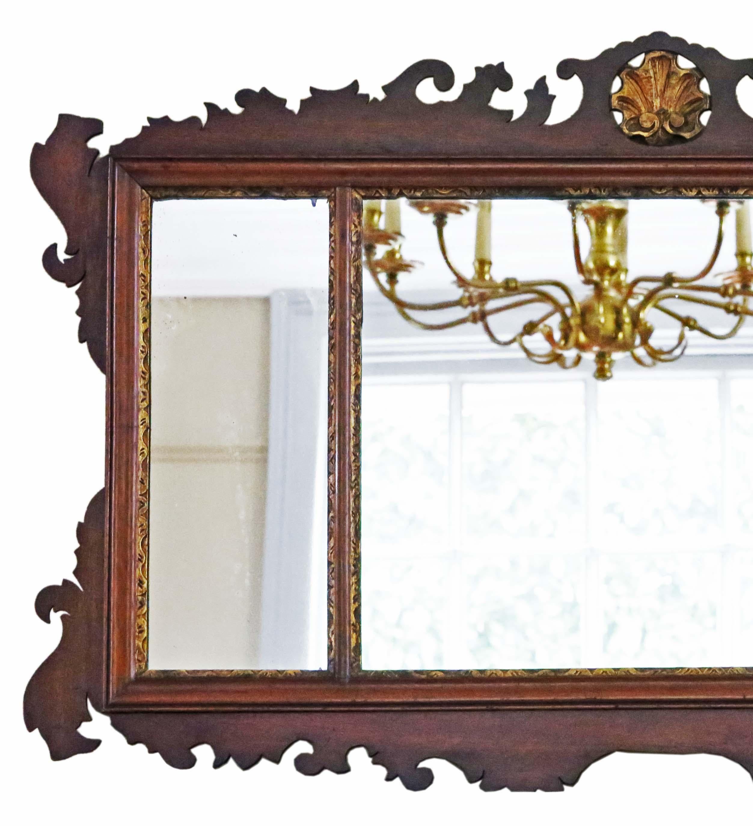 Antique large gilt and mahogany C1900 overmantle wall mirror fine quality In Good Condition For Sale In Wisbech, Cambridgeshire