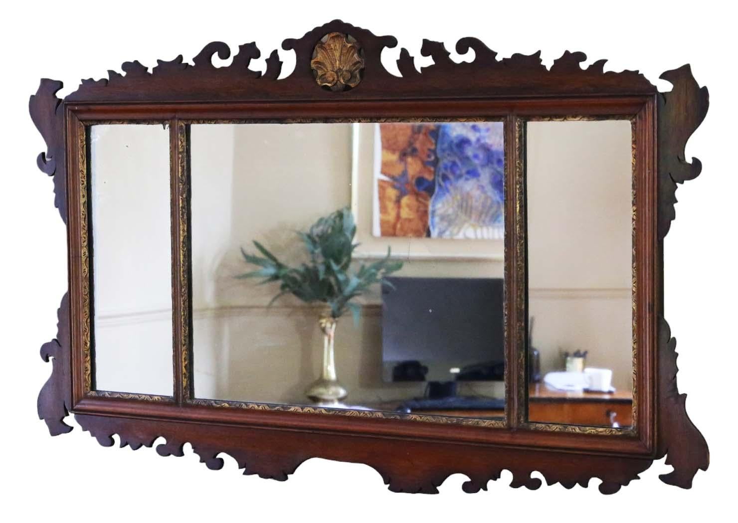 Antique large gilt and mahogany C1900 overmantle wall mirror fine quality For Sale 1