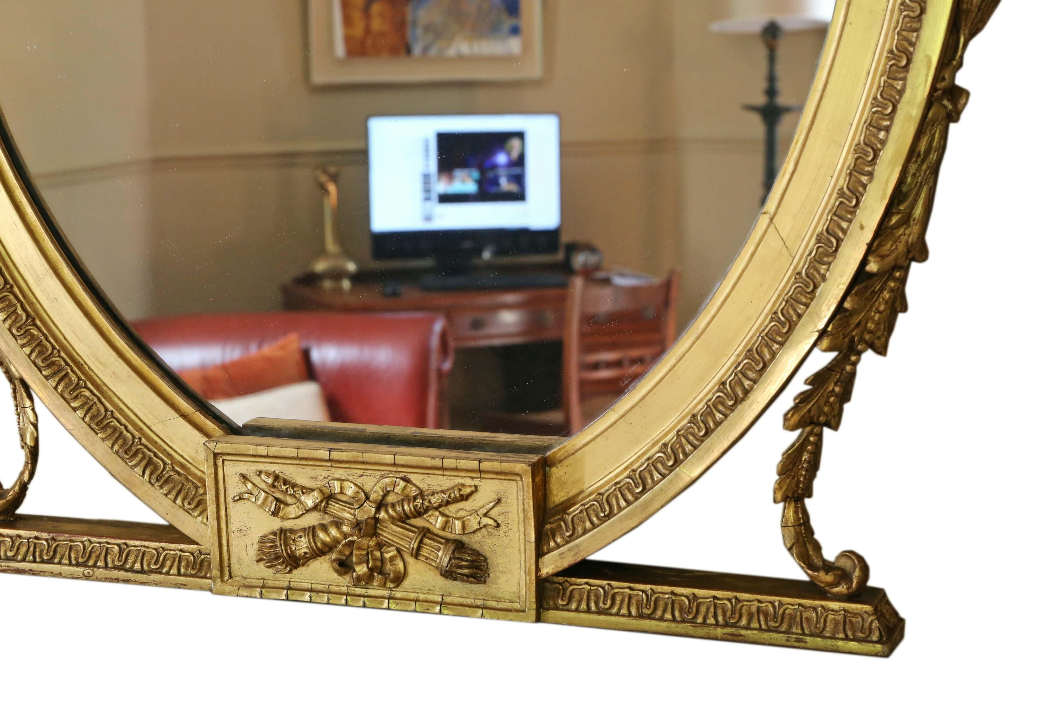 Antique Large Gilt Oval Overmantle or Wall Mirror, circa 1900 In Good Condition For Sale In Wisbech, Cambridgeshire