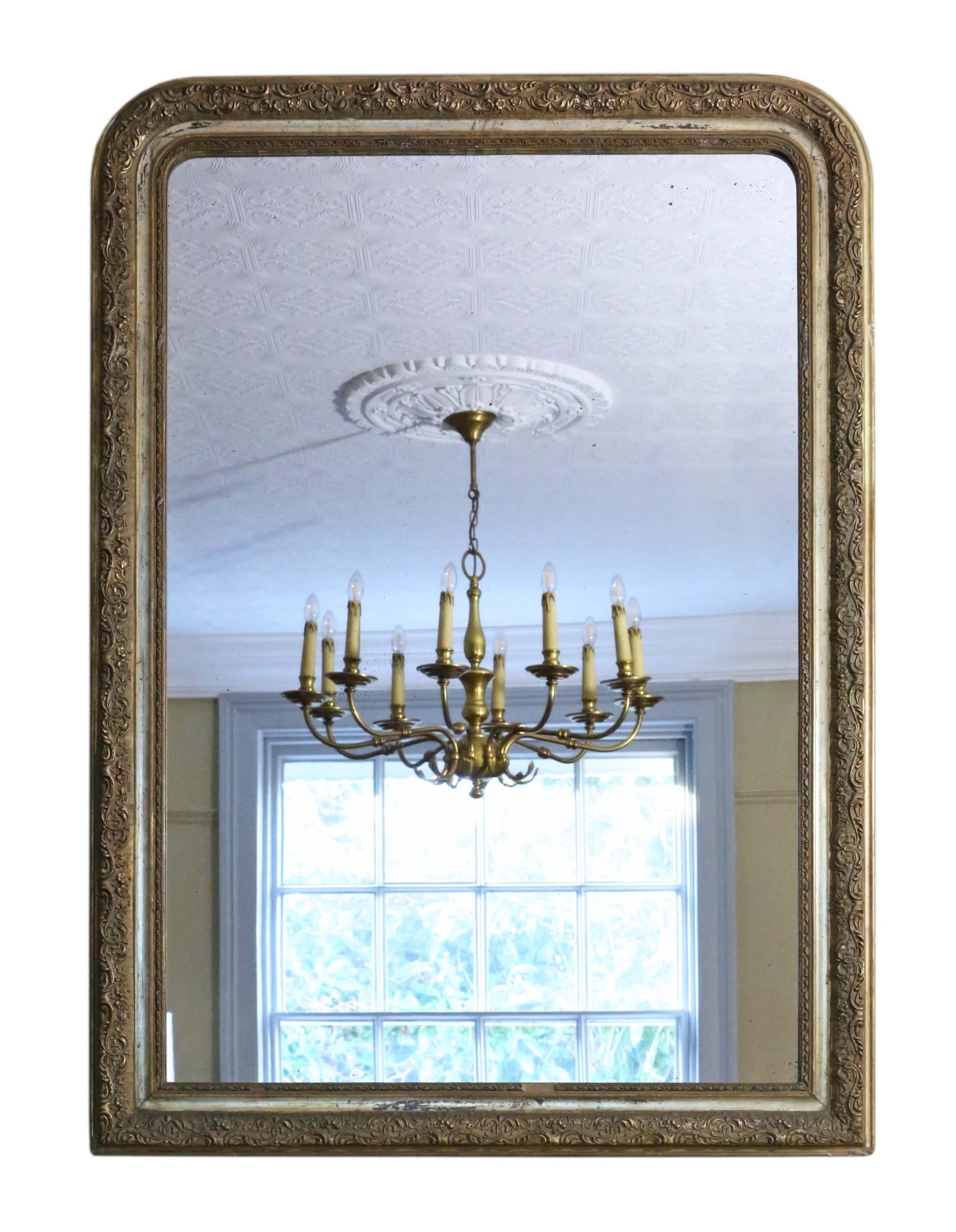 Antique large fine quality gilt wall mirror or overmantle 19th century.

An impressive rare find, that would look amazing in the right location. No loose joints or woodworm.

The original mirrored glass is in good condition with light oxidation