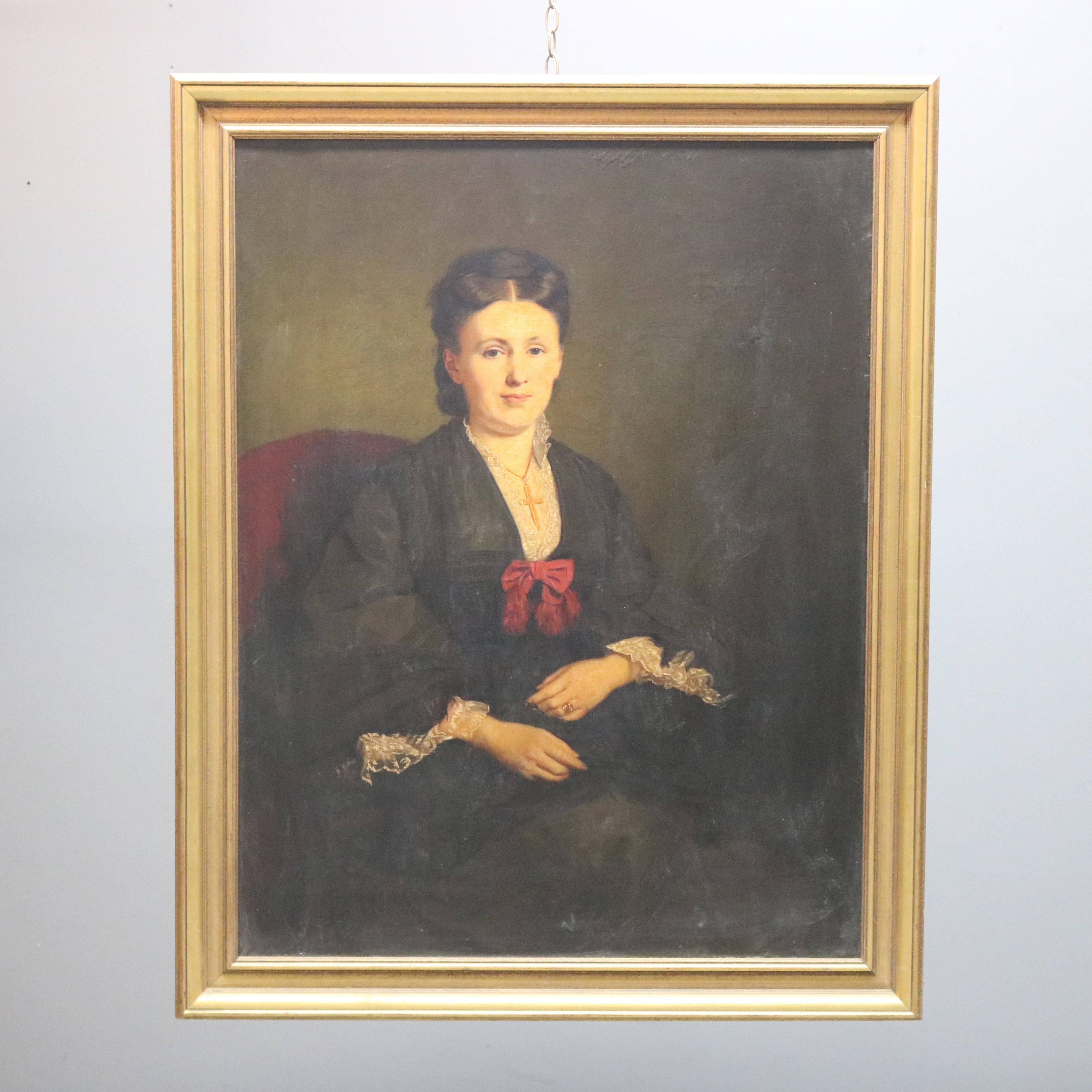 Large and Giltwood Framed Oil on Canvas Portrait of French Woman by Giradot 1872 In Good Condition In Big Flats, NY