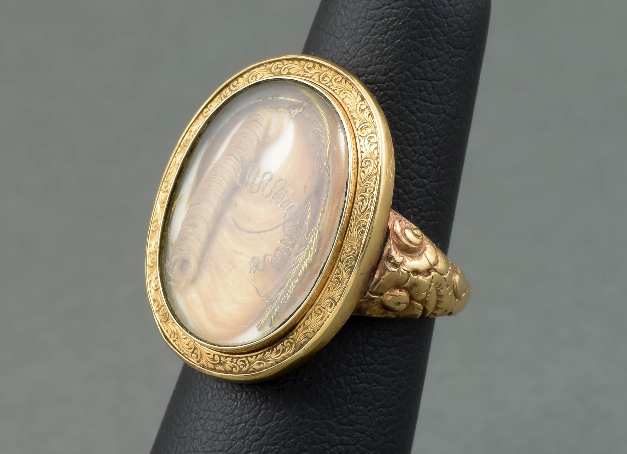 Antique Large Gold Locket Faced Ring with Hair Work, Engraved 1860 In Good Condition For Sale In Danvers, MA
