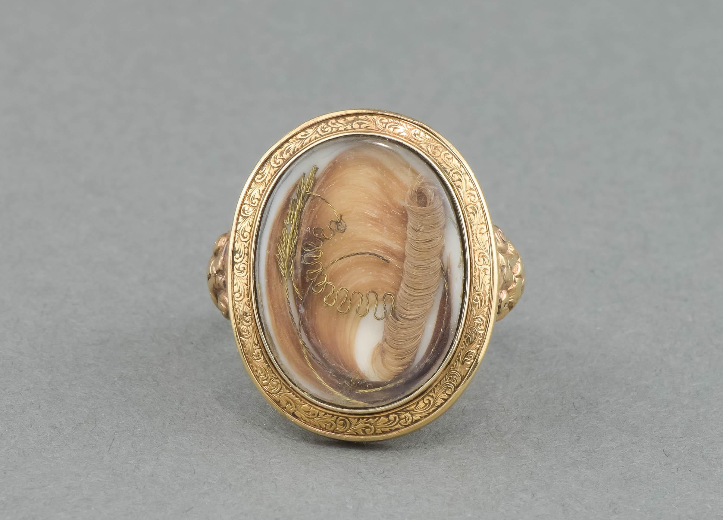 Women's or Men's Antique Large Gold Locket Faced Ring with Hair Work, Engraved 1860 For Sale