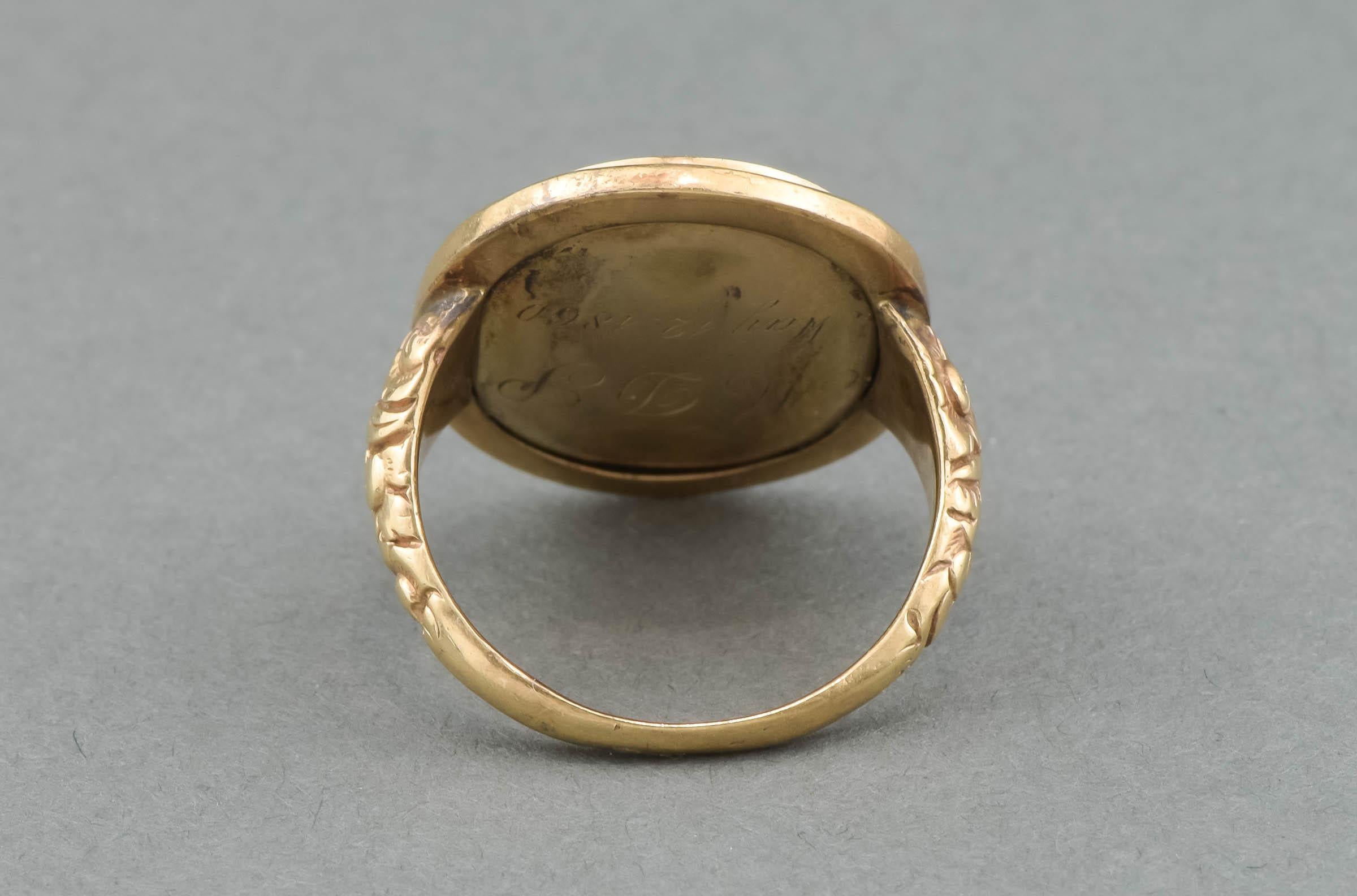 Antique Large Gold Locket Faced Ring with Hair Work, Engraved 1860 For Sale 2