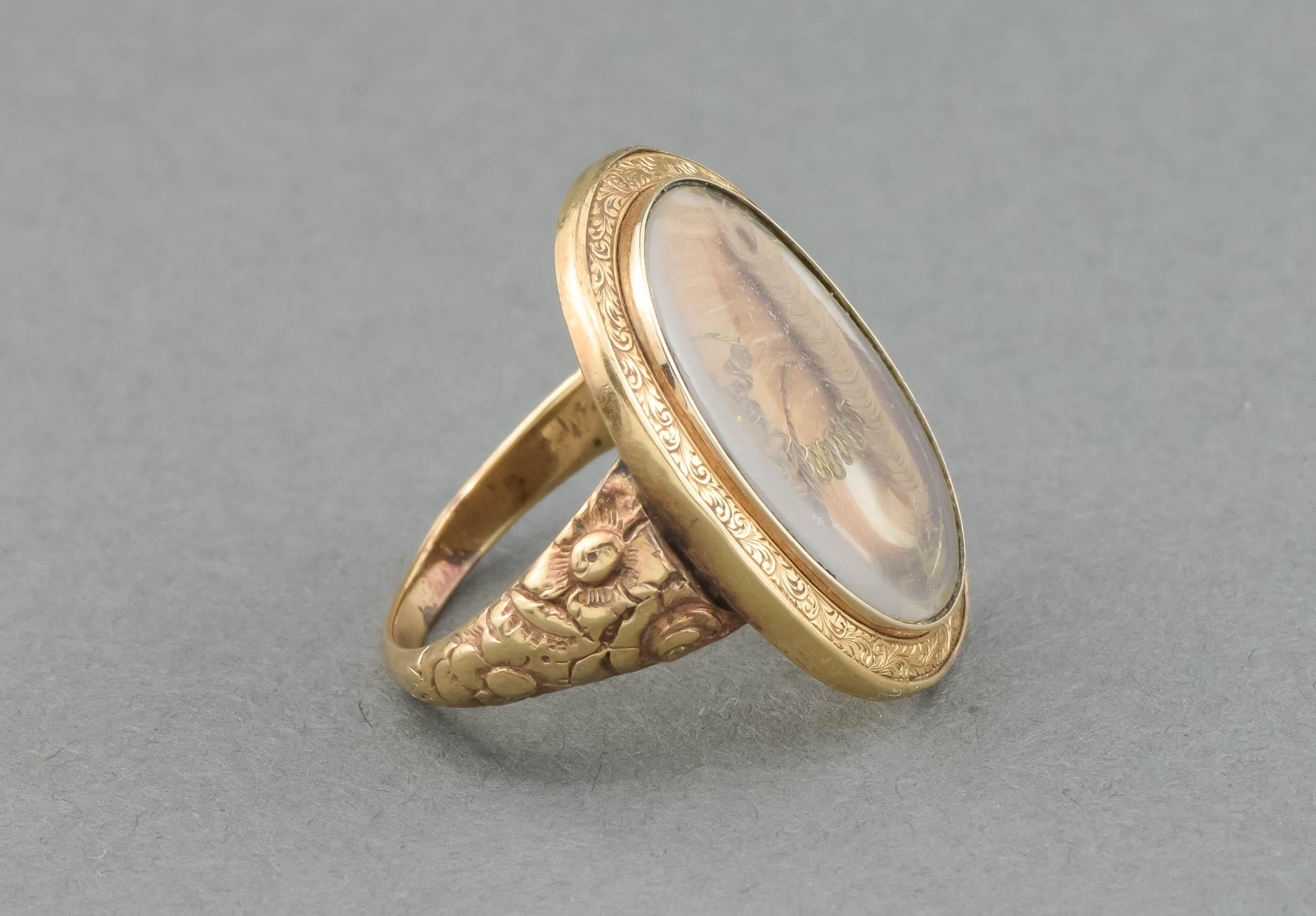 Antique Large Gold Locket Faced Ring with Hair Work, Engraved 1860 For Sale 3