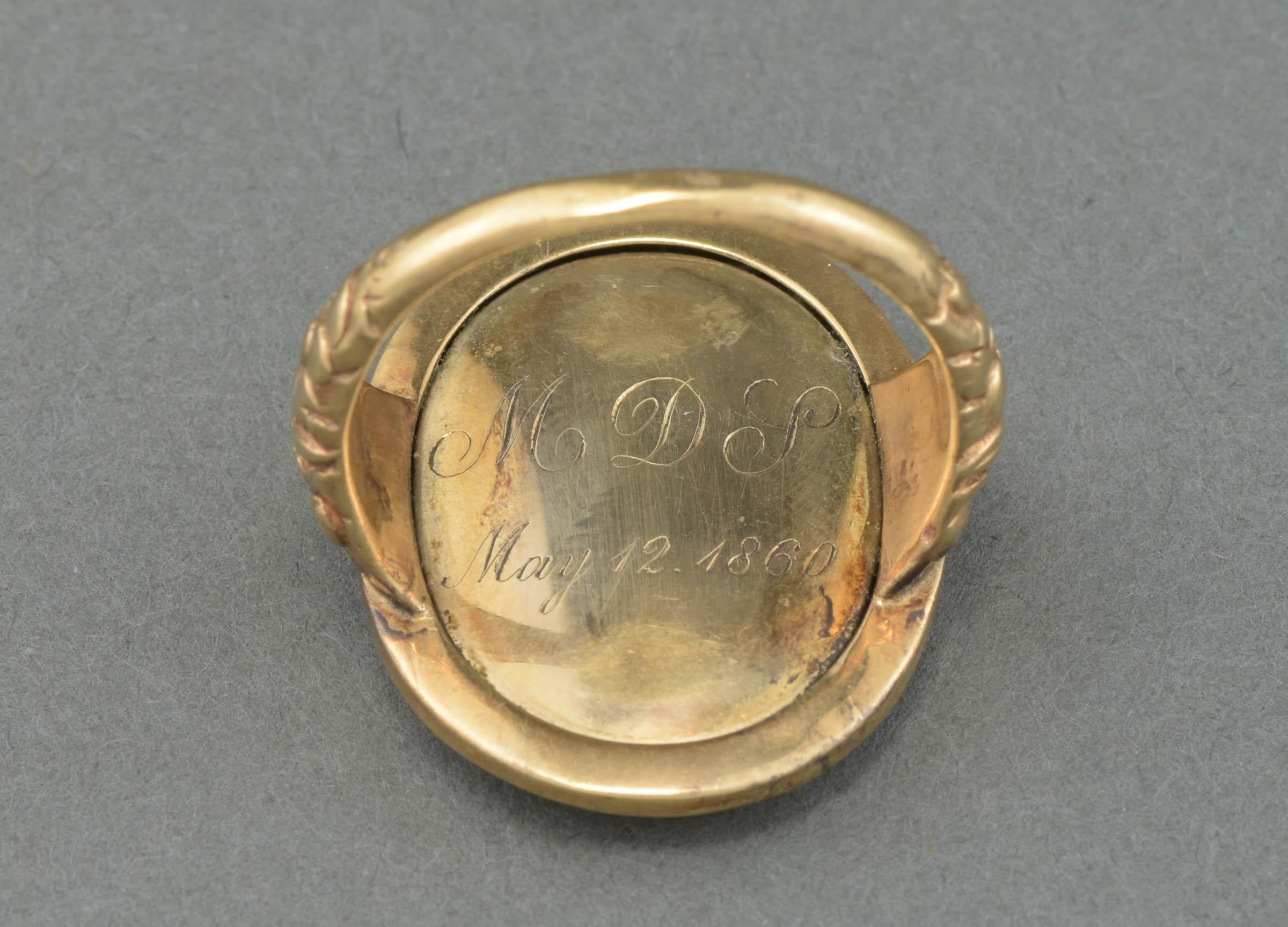 Antique Large Gold Locket Faced Ring with Hair Work, Engraved 1860 For Sale 4