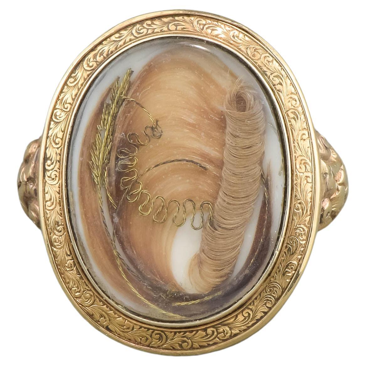 Antique Large Gold Locket Faced Ring with Hair Work, Engraved 1860 For Sale
