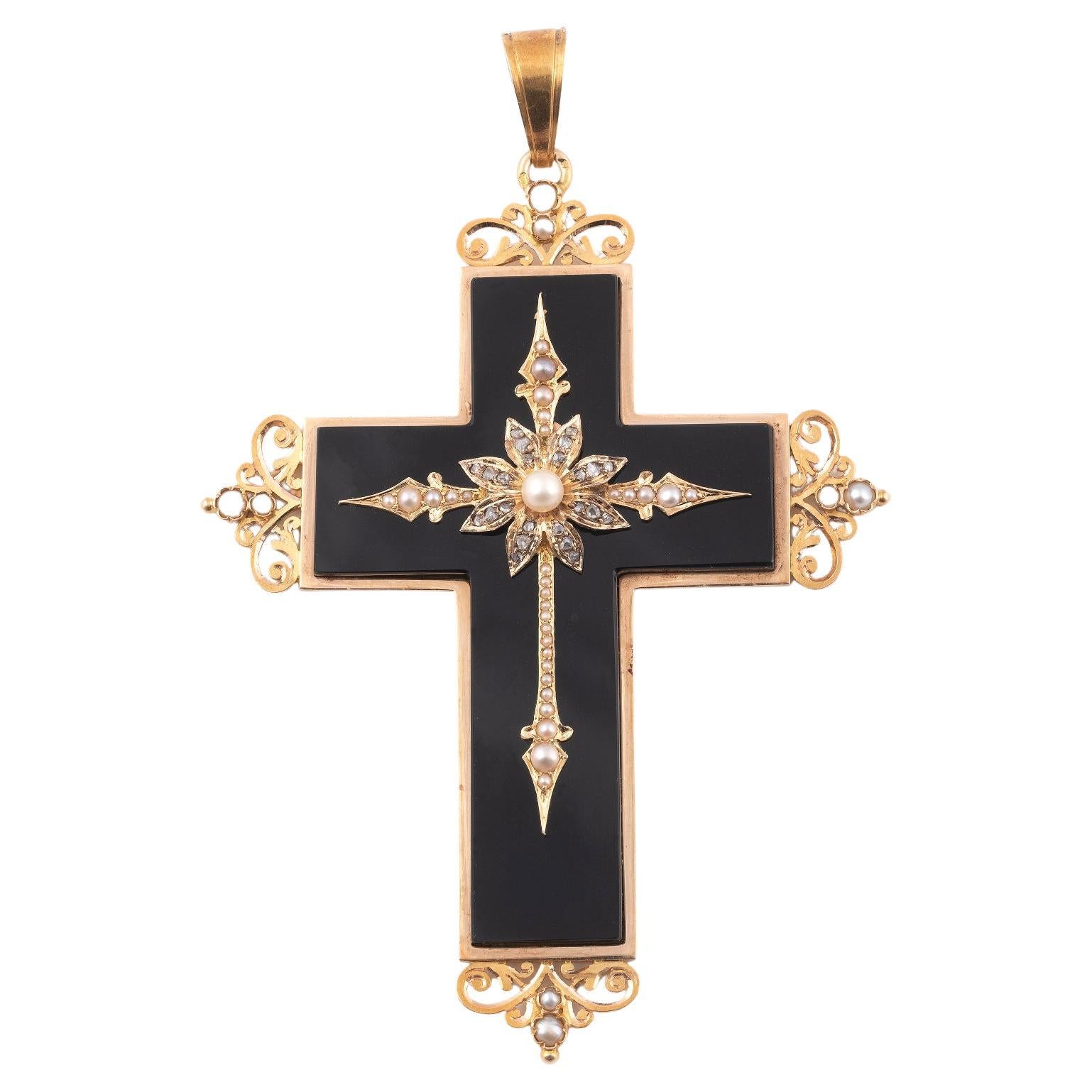 Pendentif français ancien en forme de croix en or, onyx et diamants roses
