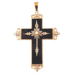 Antique Large Gold Onyx and Rose Diamond French Cross Pendant
