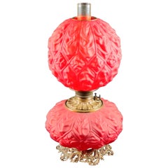 Antique Large Gone with the Wind Blown Out Ruby Satin Glass Oil Lamp, circa 1890