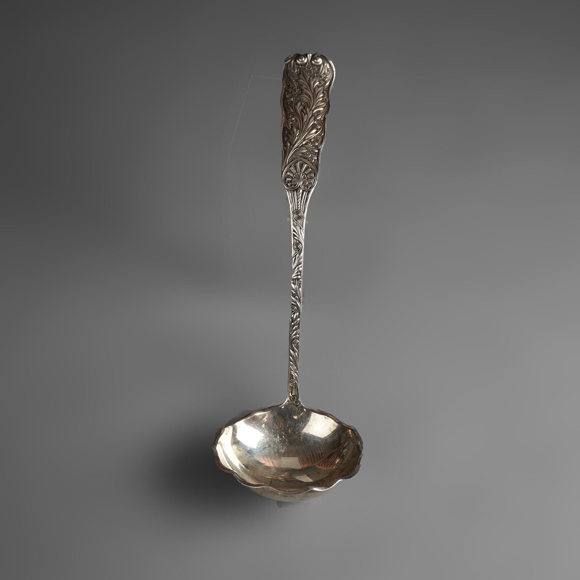 Antique Large Gorham Sterling Silver Ladle with Scalloped Bowl and Foliate Embossed Handle C1890

Measures- 10''H x 4.25''W x 9.5''D