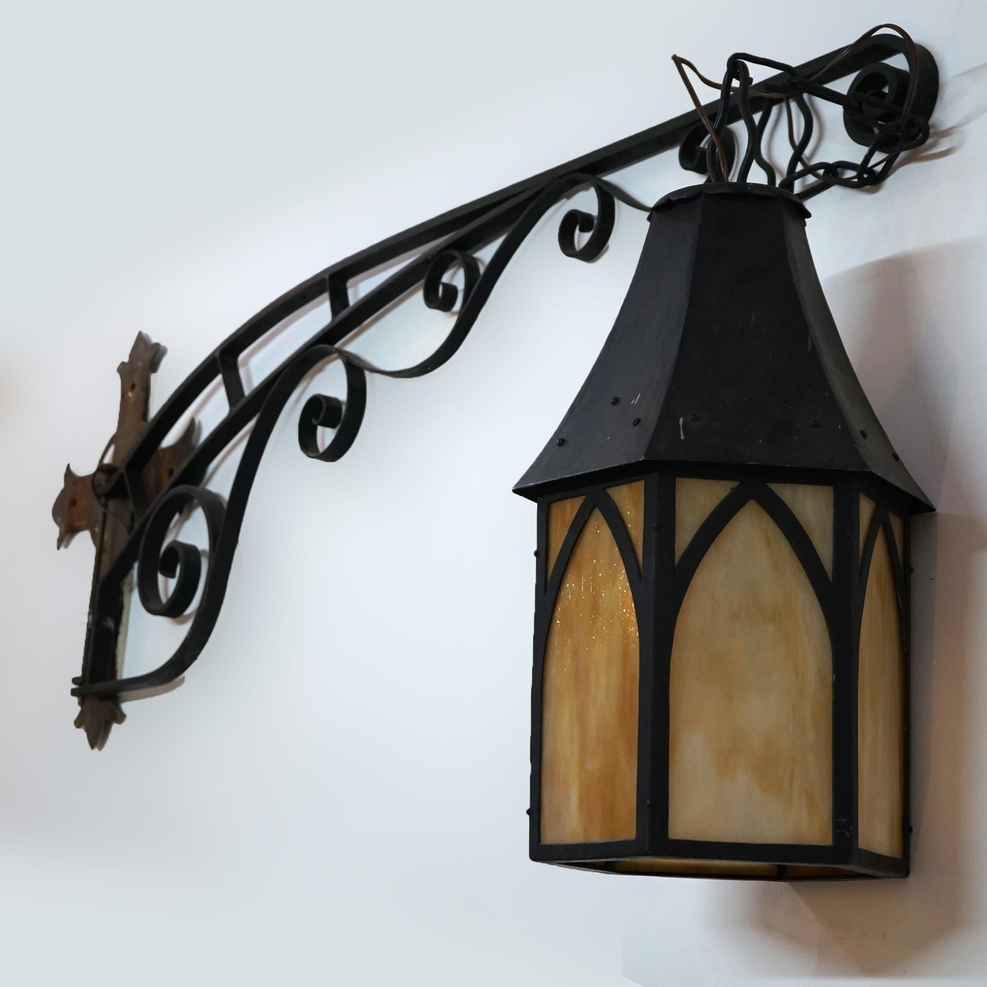 American Antique Large Gothic Arts & Crafts Hammered Wrought Iron Church Light & Boom