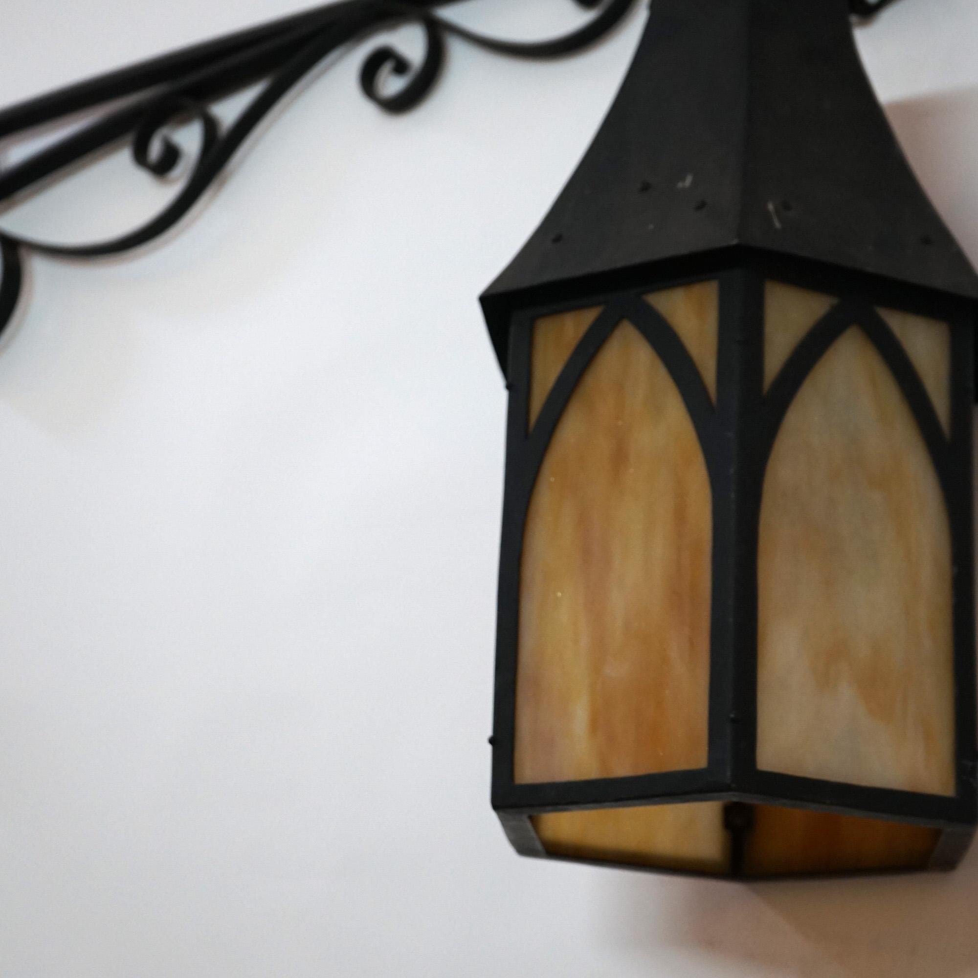 Antique Large Gothic Arts & Crafts Hammered Wrought Iron Church Light & Boom In Good Condition In Big Flats, NY