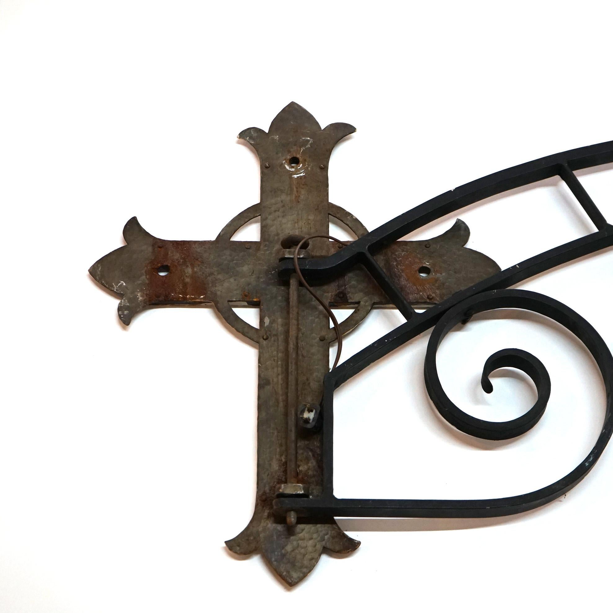 19th Century Antique Large Gothic Arts & Crafts Hammered Wrought Iron Church Light & Boom