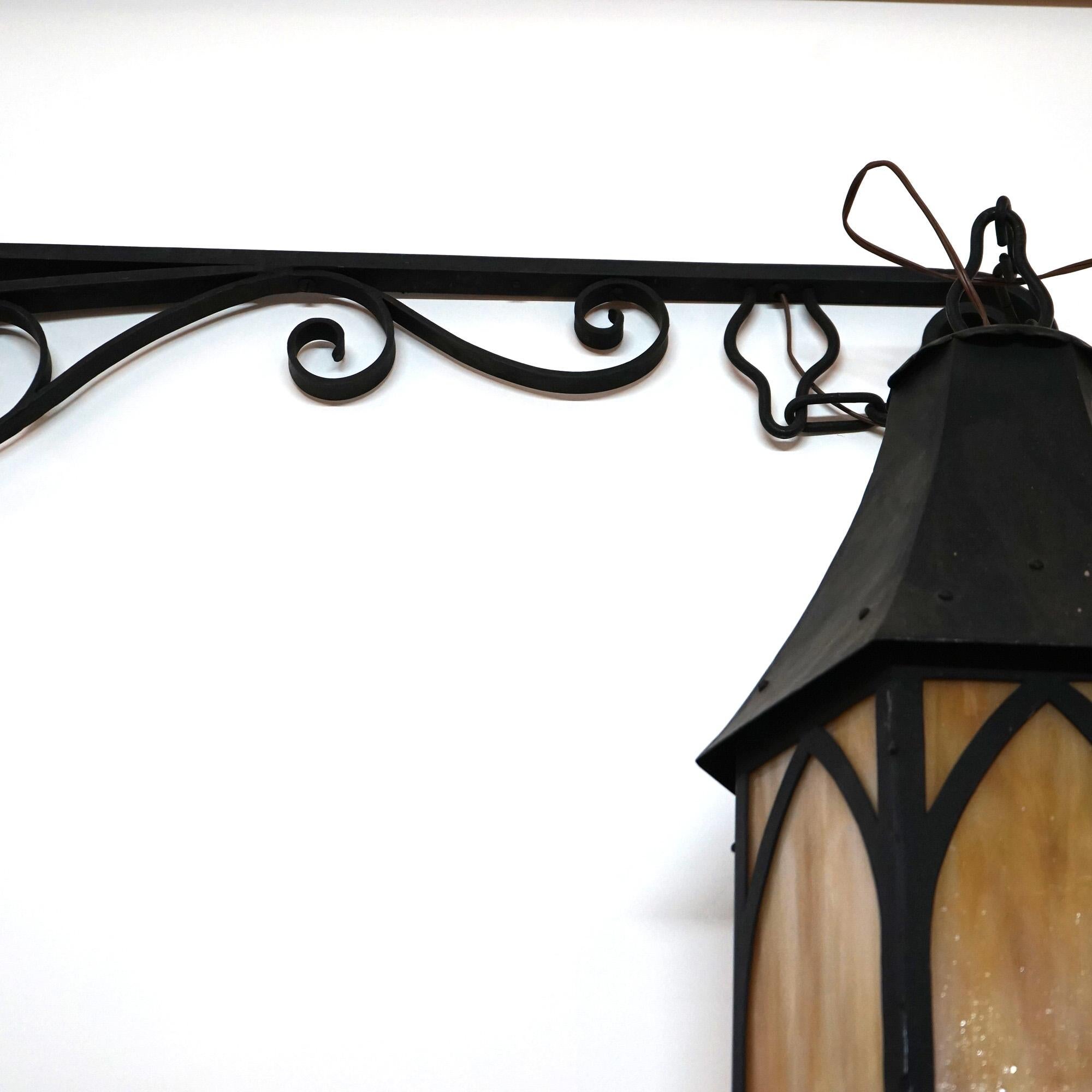 Antique Large Gothic Arts & Crafts Hammered Wrought Iron Church Light & Boom 3