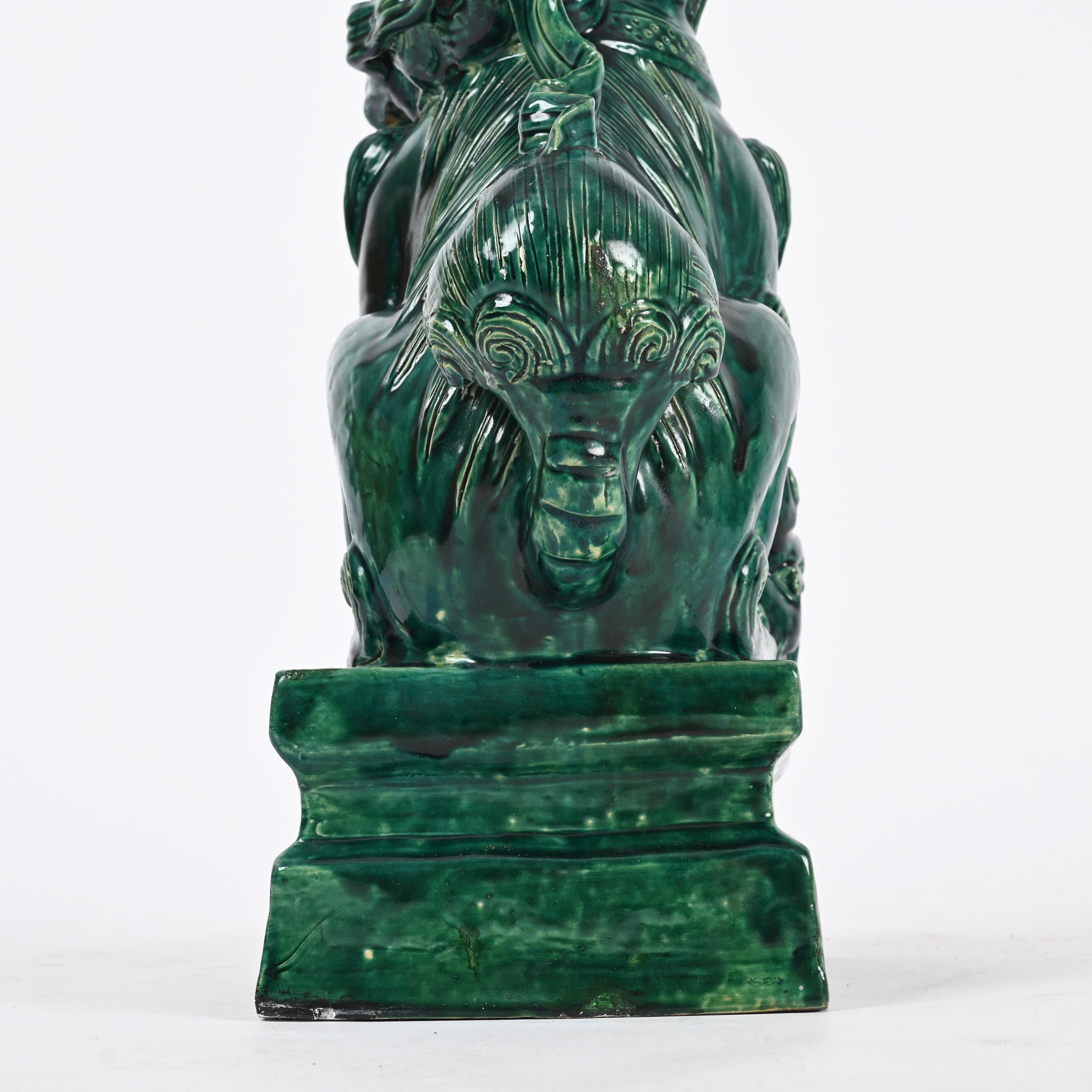 Antique Large Green Lion Foo Dog, Glazed Chinese Ceramic,  Early 20th For Sale 5