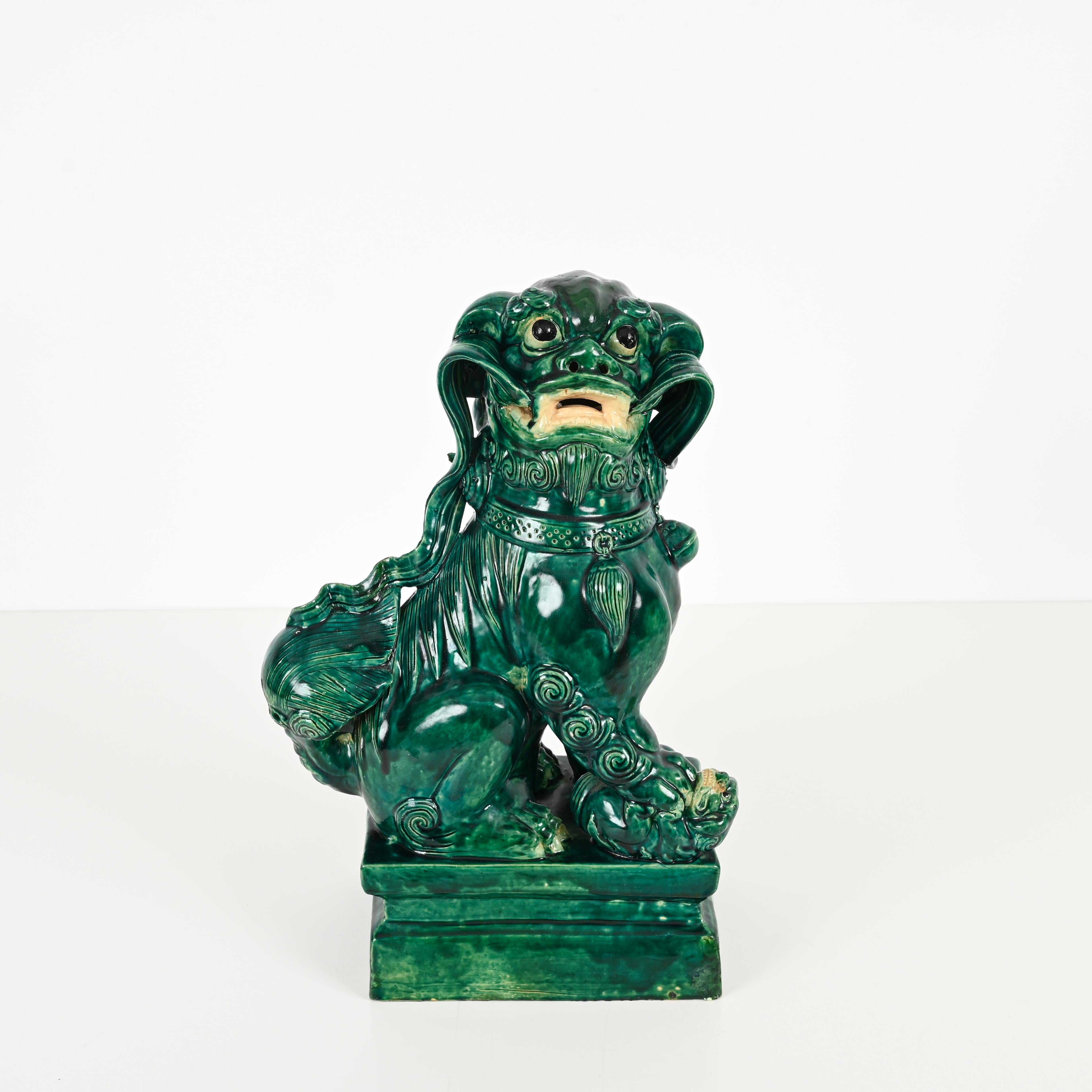 Antique Large Green Lion Foo Dog, Glazed Chinese Ceramic,  Early 20th For Sale 6
